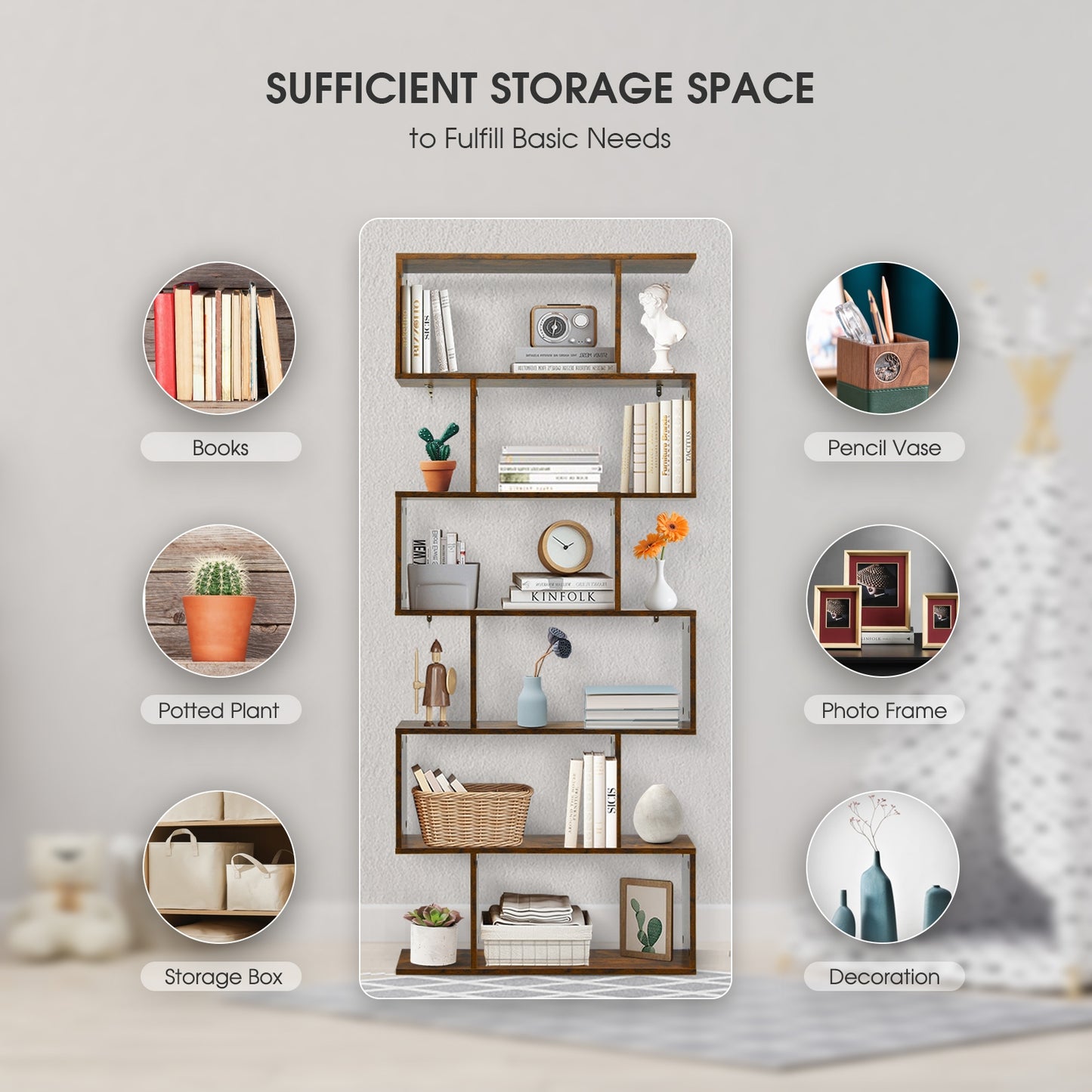 6 Tier S-Shaped Bookshelf Storage Display Bookcase Decor Z-Shelf -Coffee Kids Crystal