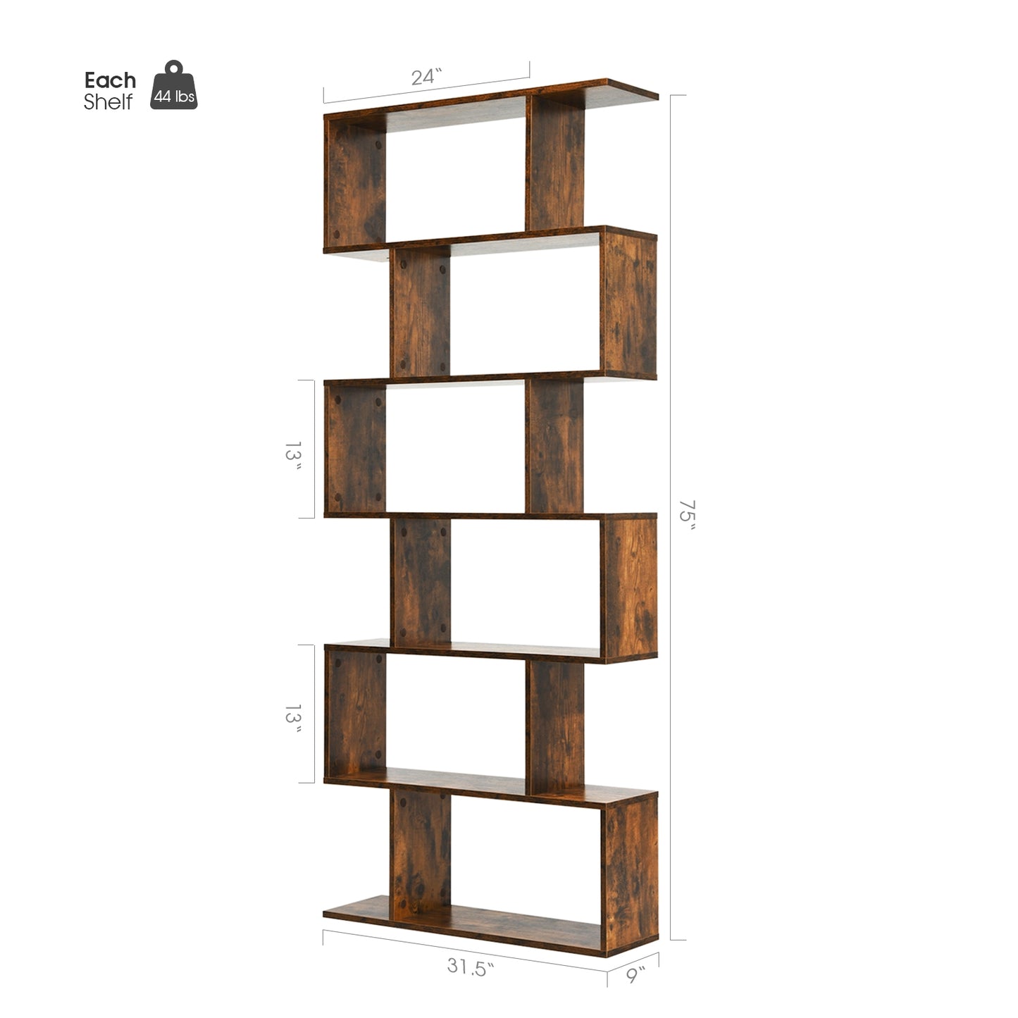 6 Tier S-Shaped Bookshelf Storage Display Bookcase Decor Z-Shelf -Coffee Kids Crystal