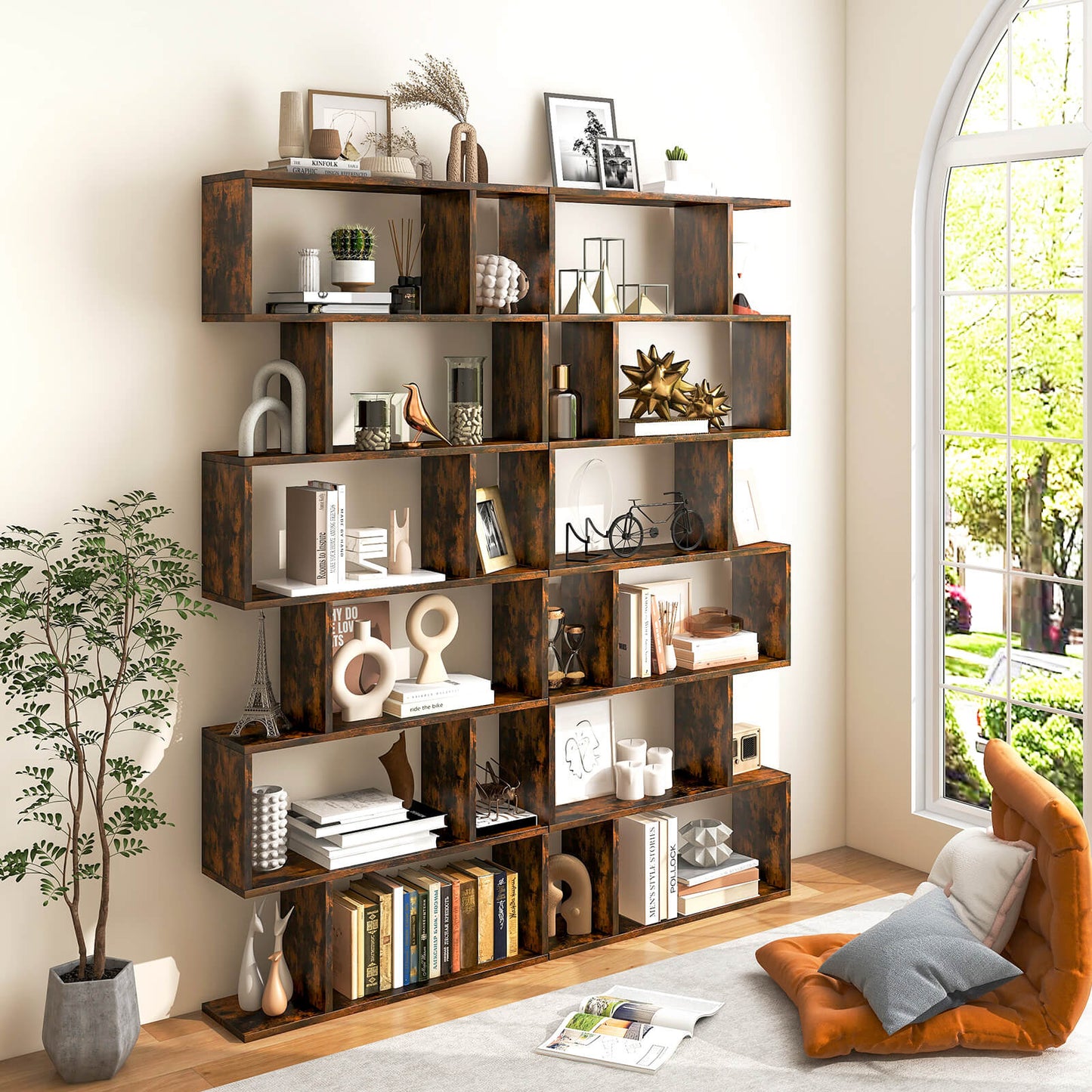 6 Tier S-Shaped Bookshelf Storage Display Bookcase Decor Z-Shelf -Coffee Kids Crystal