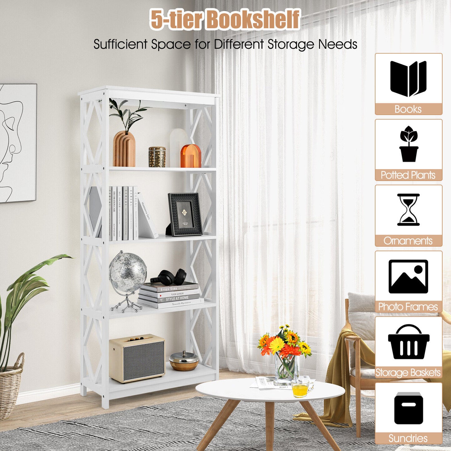 5-Tier Modern Freestanding Bookcase with Open Shelves-White Kids Crystal