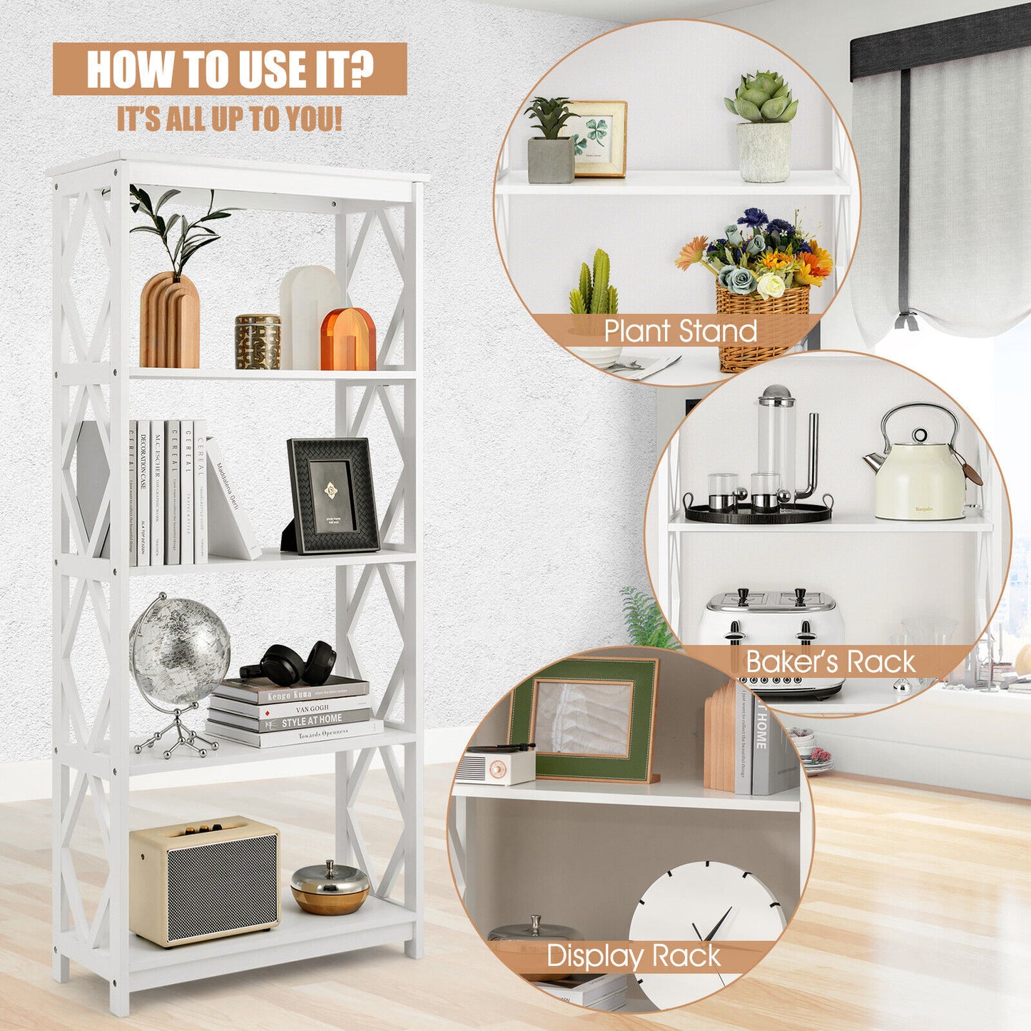 5-Tier Modern Freestanding Bookcase with Open Shelves-White Kids Crystal