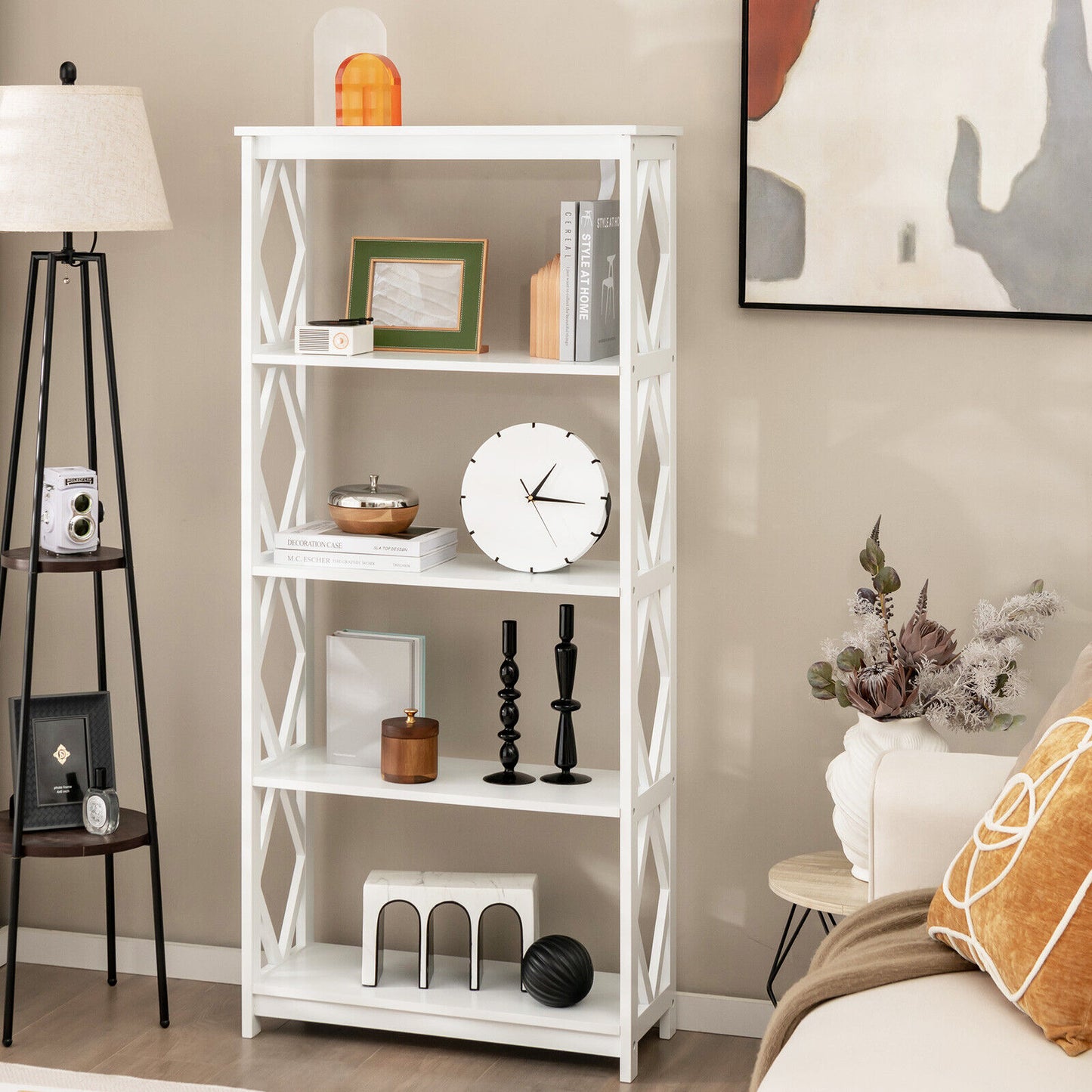 5-Tier Modern Freestanding Bookcase with Open Shelves-White Kids Crystal