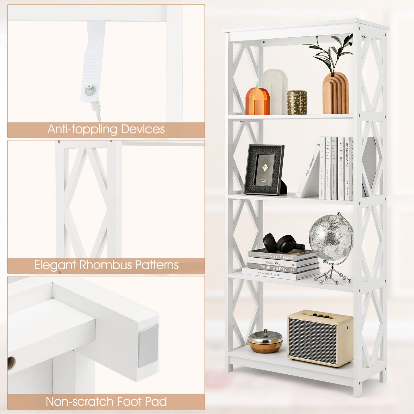5-Tier Modern Freestanding Bookcase with Open Shelves-White Kids Crystal