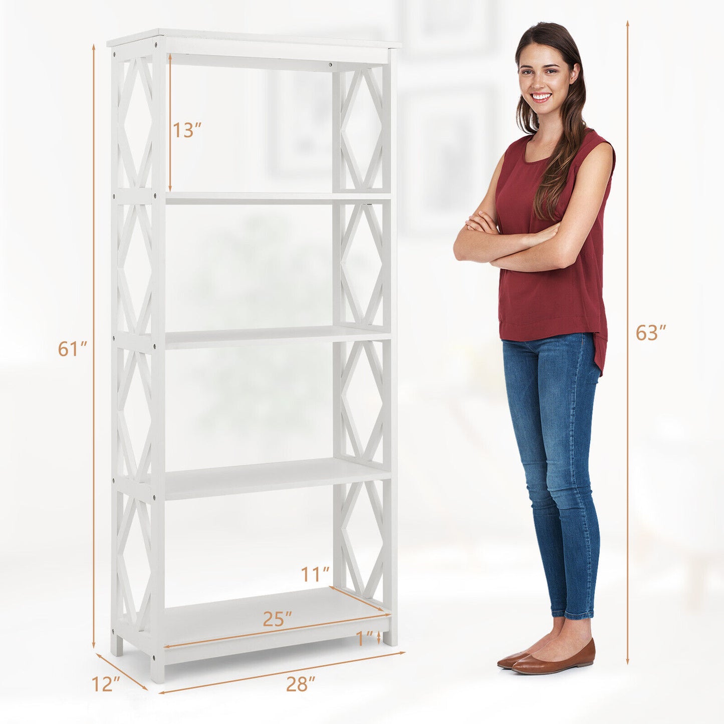 5-Tier Modern Freestanding Bookcase with Open Shelves-White Kids Crystal