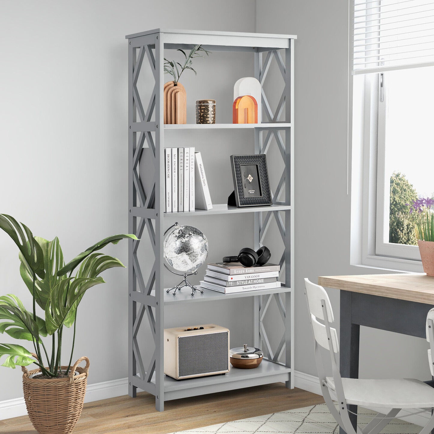 5-Tier Modern Freestanding Bookcase with Open Shelves-Gray Kids Crystal