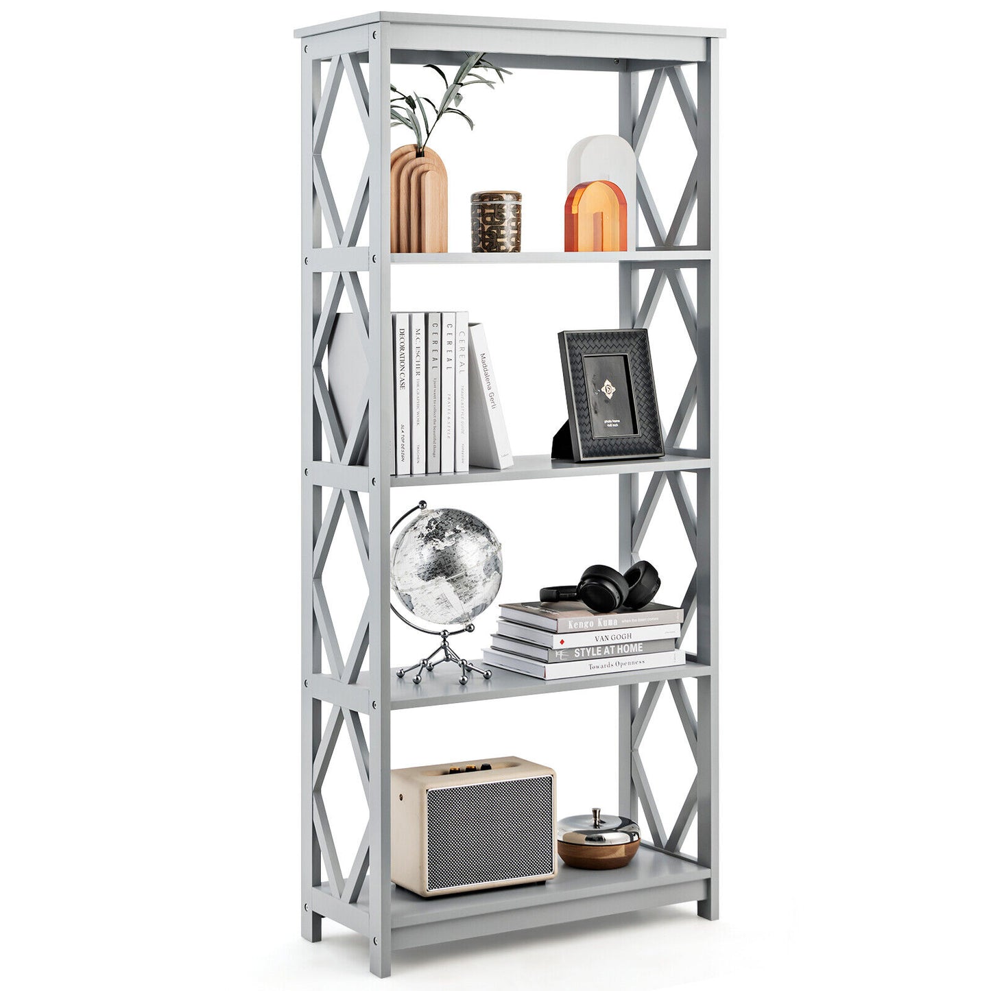 5-Tier Modern Freestanding Bookcase with Open Shelves-Gray Kids Crystal