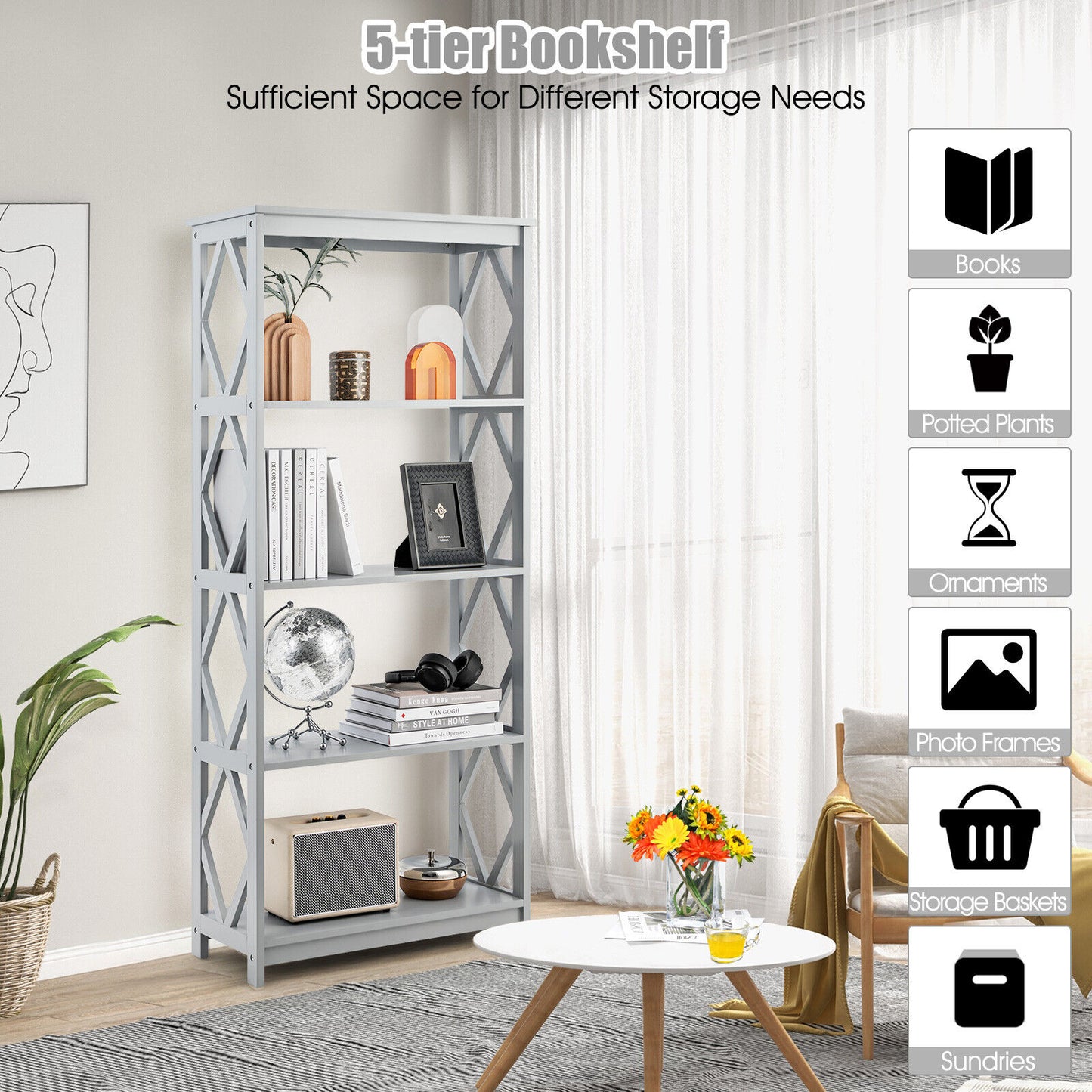 5-Tier Modern Freestanding Bookcase with Open Shelves-Gray Kids Crystal
