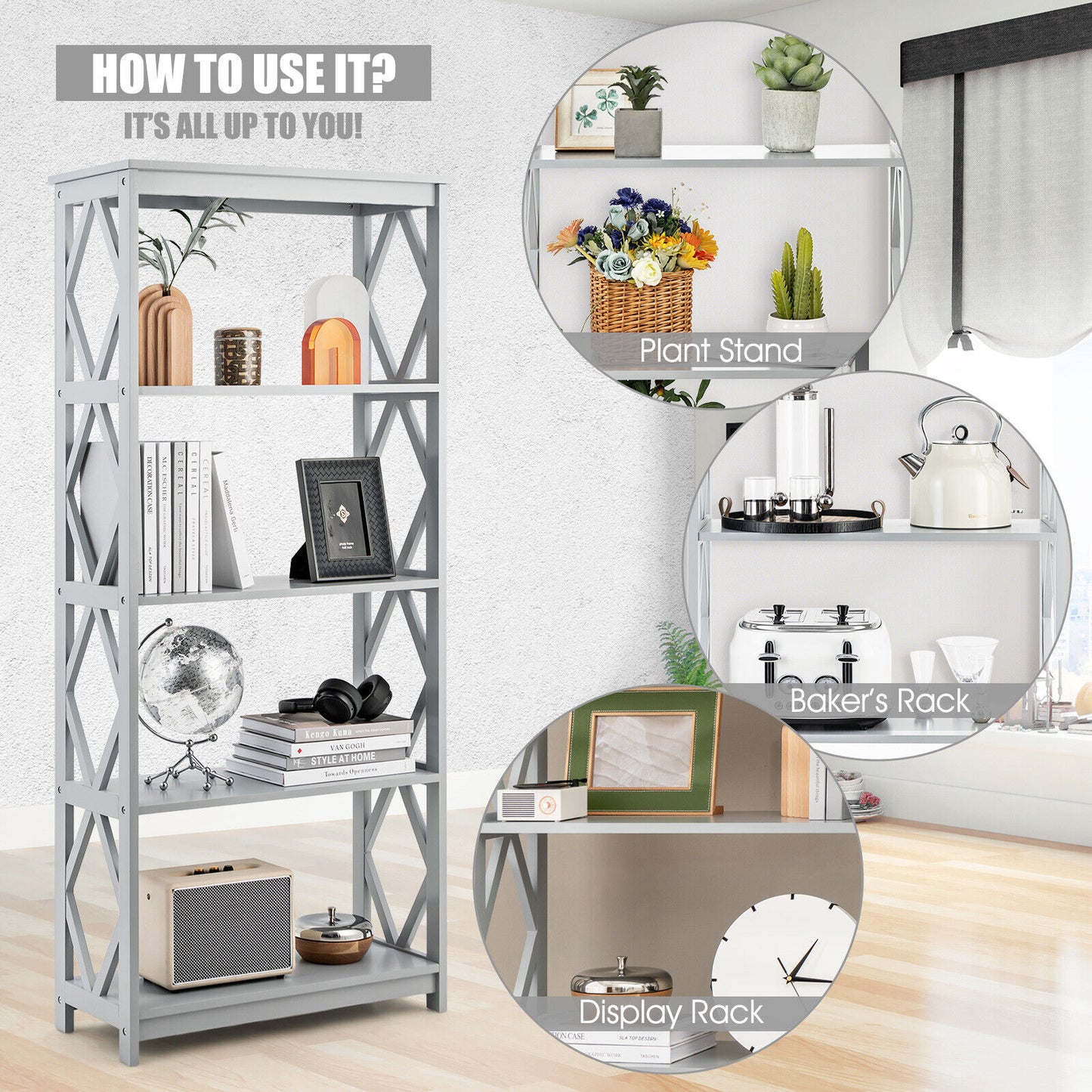 5-Tier Modern Freestanding Bookcase with Open Shelves-Gray Kids Crystal