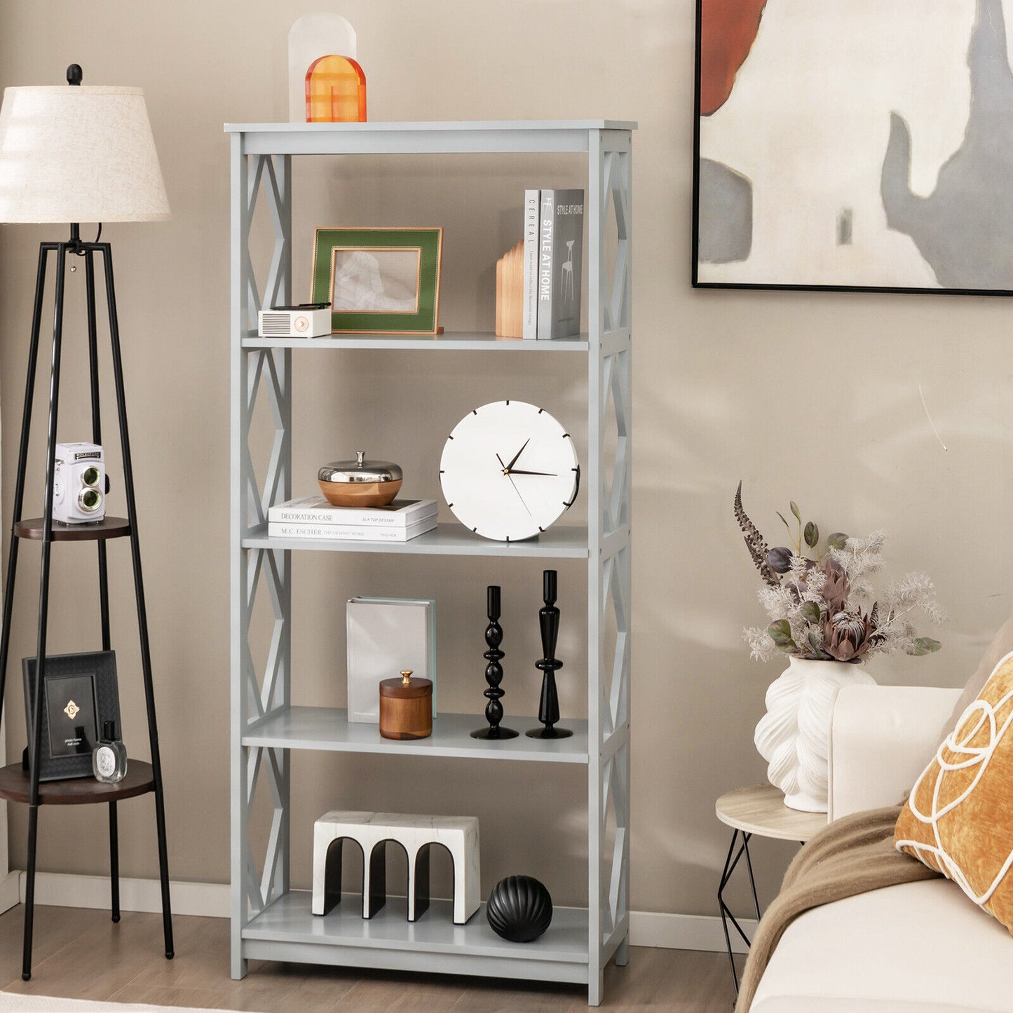 5-Tier Modern Freestanding Bookcase with Open Shelves-Gray Kids Crystal
