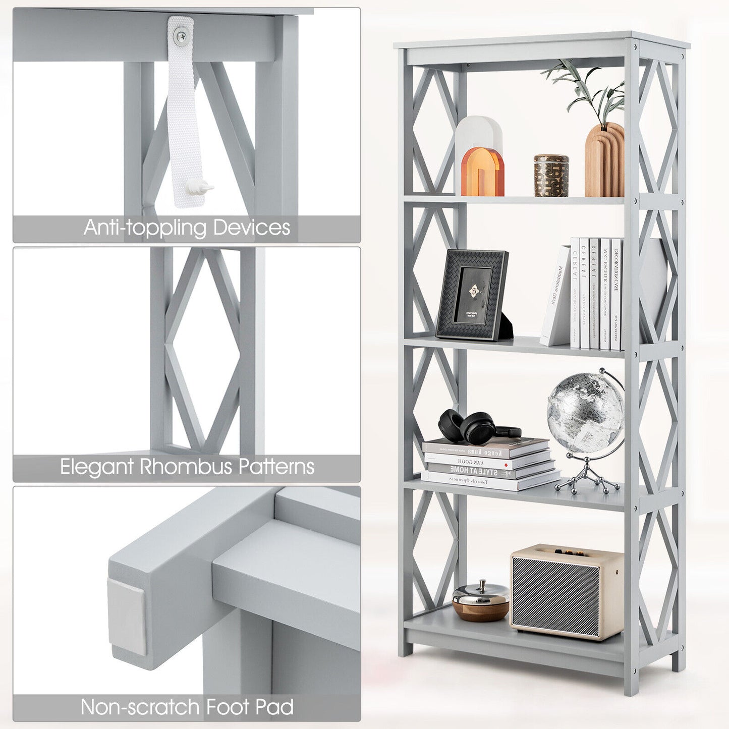 5-Tier Modern Freestanding Bookcase with Open Shelves-Gray Kids Crystal