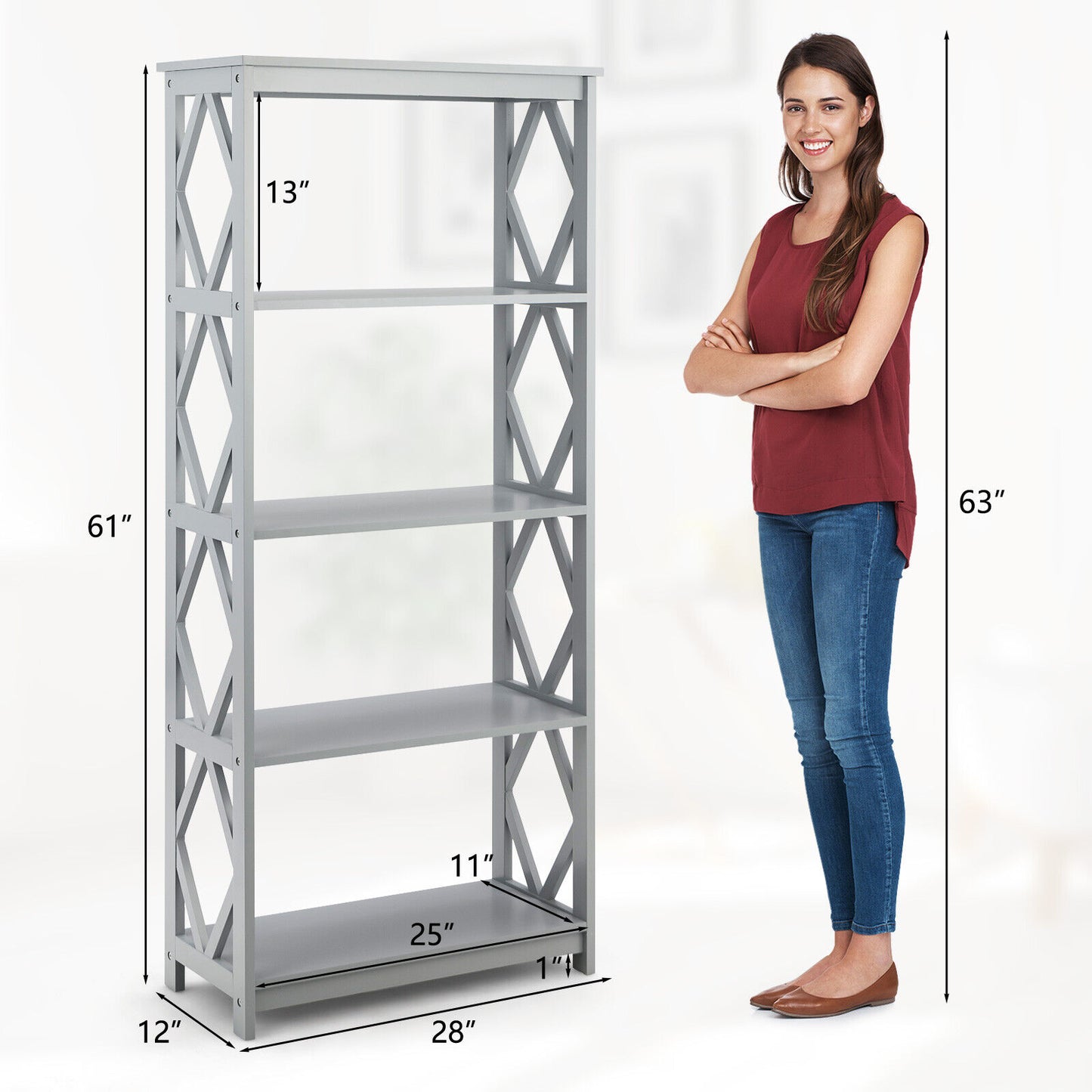 5-Tier Modern Freestanding Bookcase with Open Shelves-Gray Kids Crystal