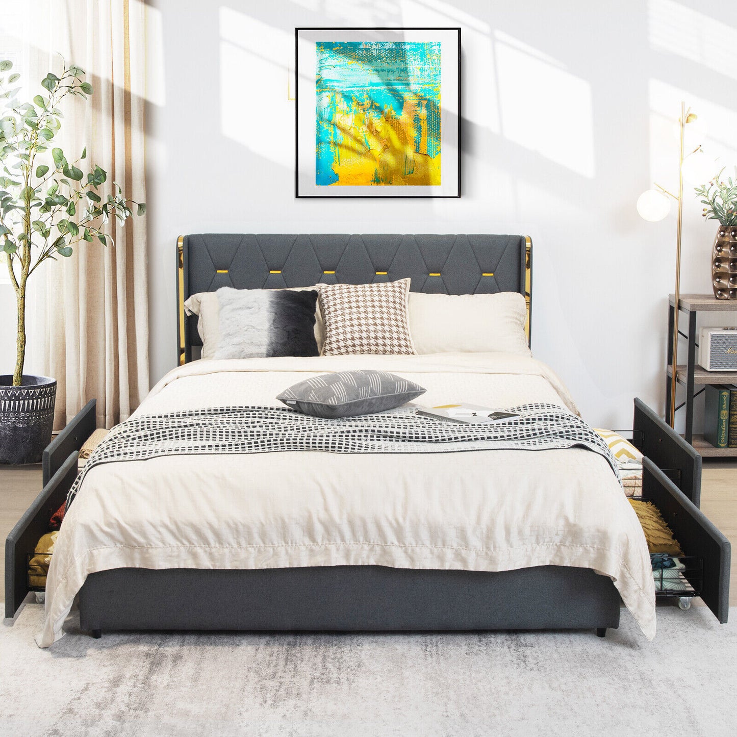 Full/Queen Size Upholstered Bed Frame with 4 Storage Drawers-Queen Size Kids Crystal