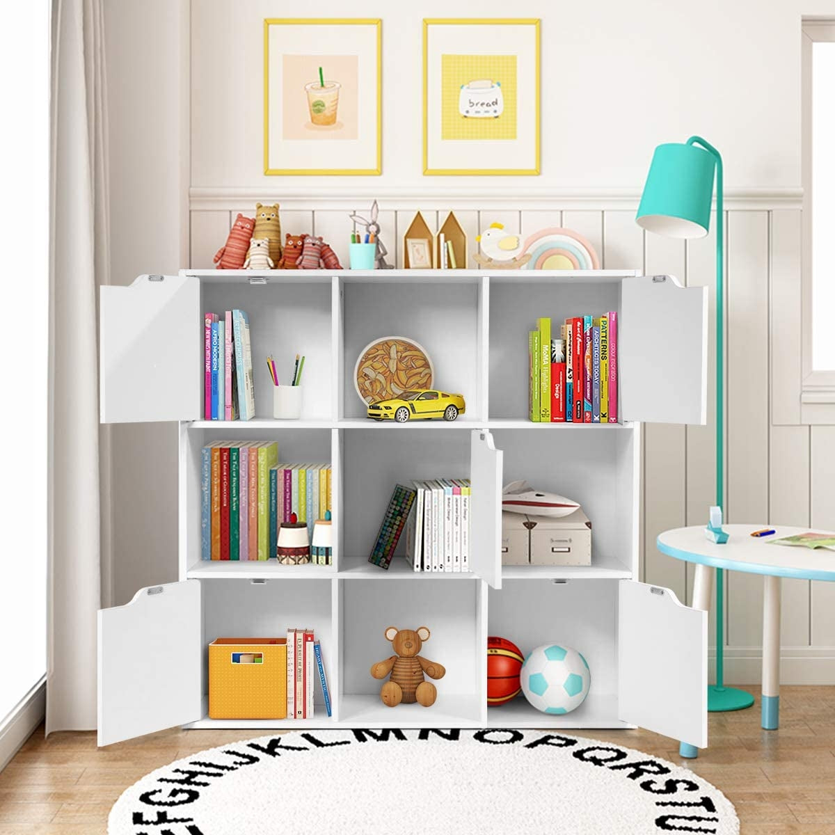 Free Standing 9 Cube Storage Wood Divider Bookcase for Home and Office-White Kids Crystal