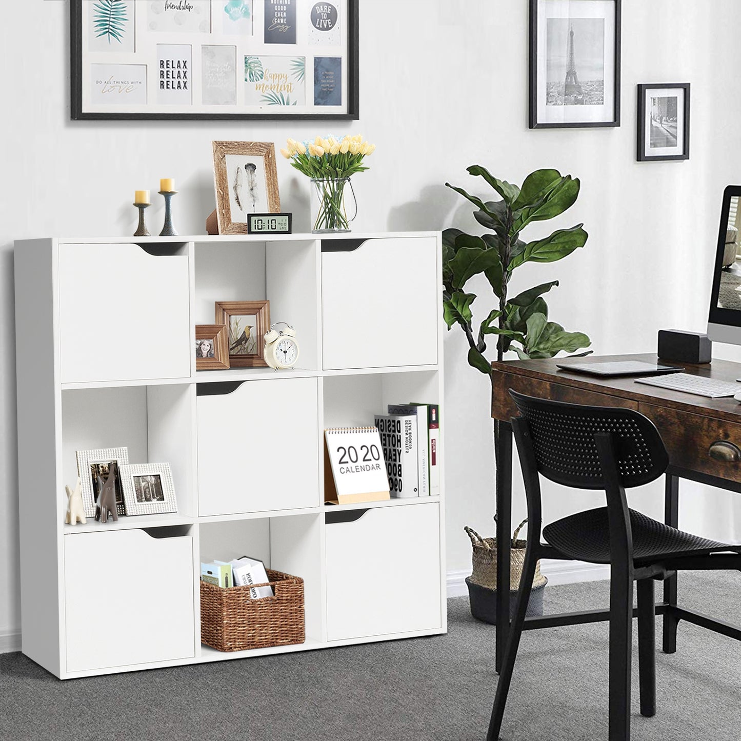 Free Standing 9 Cube Storage Wood Divider Bookcase for Home and Office-White Kids Crystal