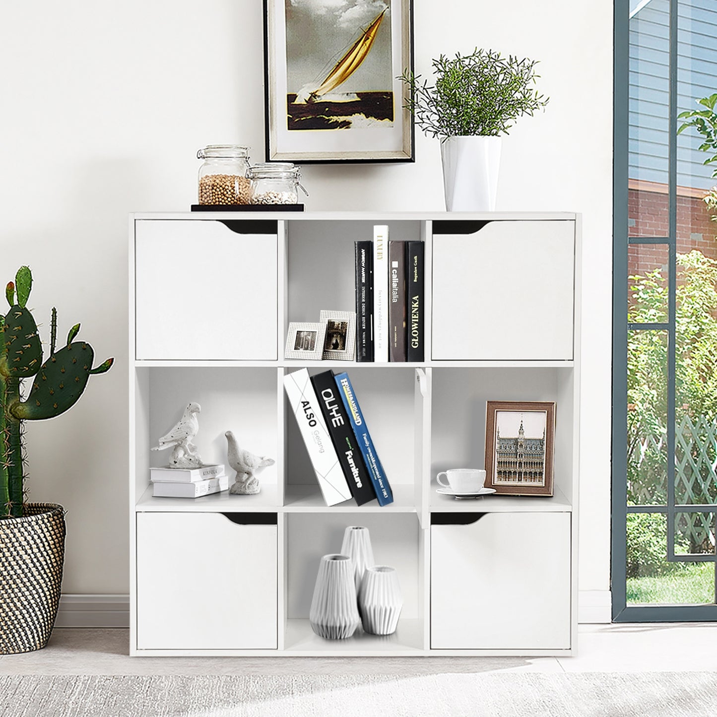 Free Standing 9 Cube Storage Wood Divider Bookcase for Home and Office-White Kids Crystal