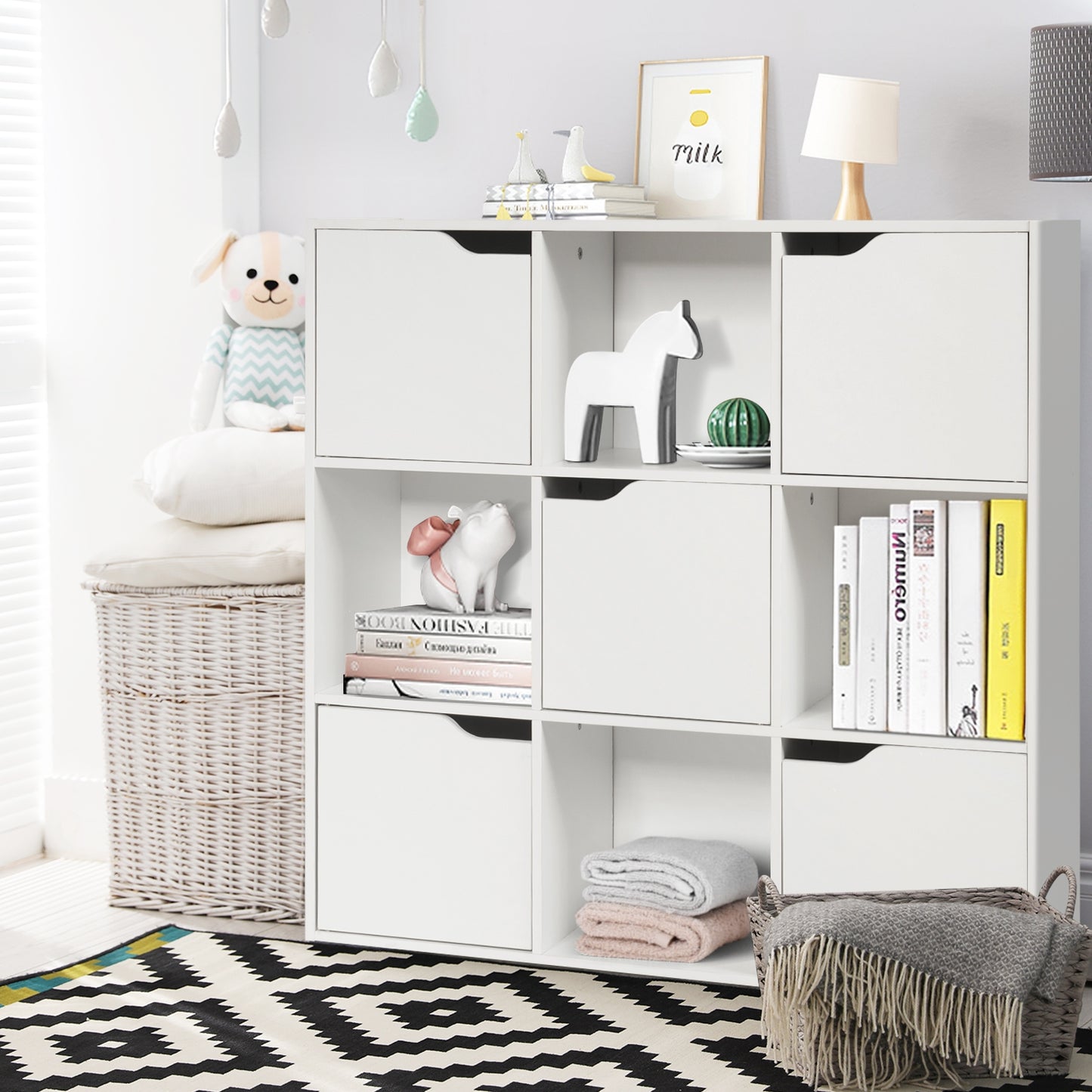 Free Standing 9 Cube Storage Wood Divider Bookcase for Home and Office-White Kids Crystal