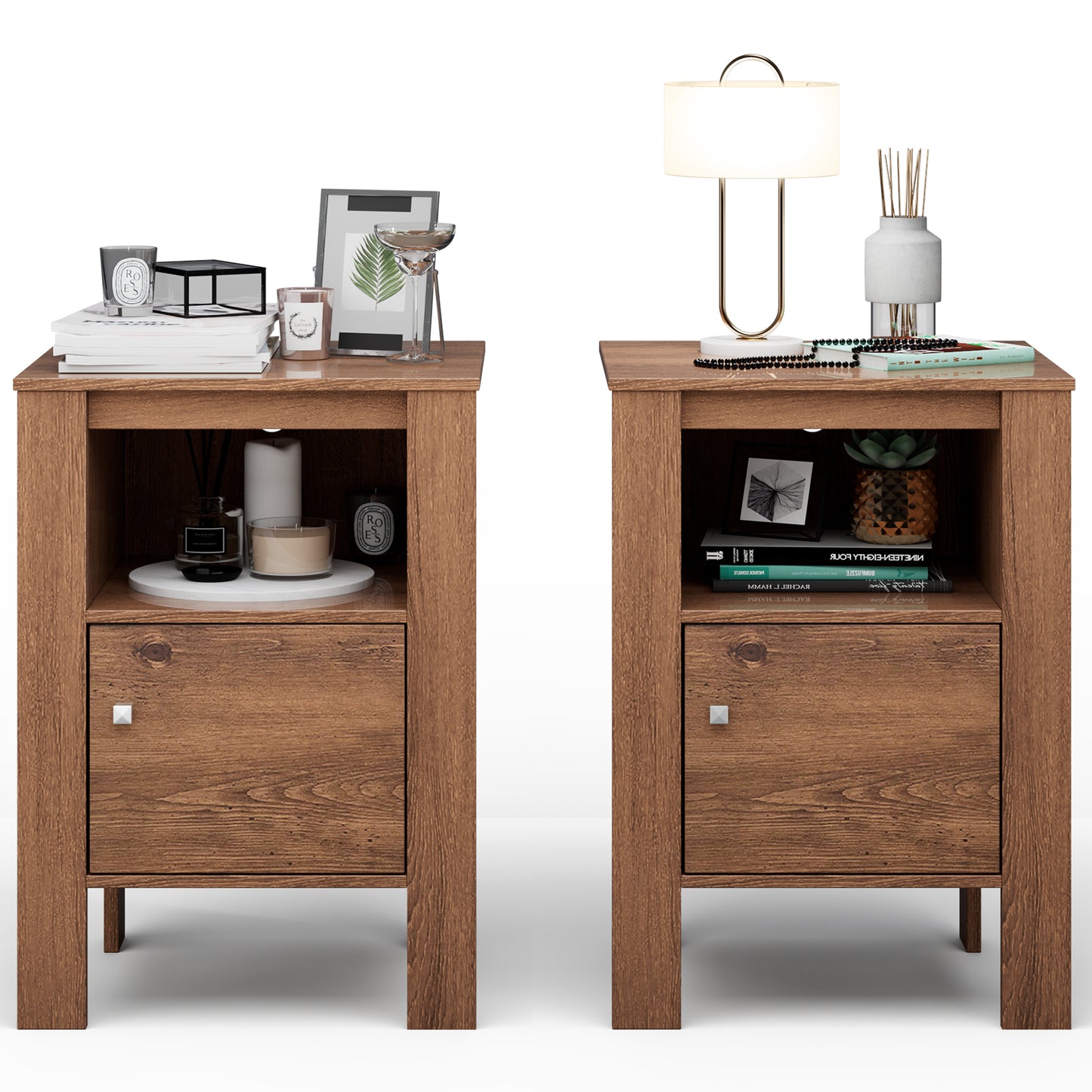 Compact Floor Farmhouse Nightstand with Open Shelf and Cabinet-Rustic Brown Kids Crystal