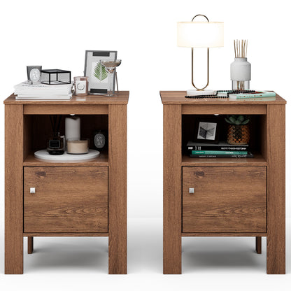 Compact Floor Farmhouse Nightstand with Open Shelf and Cabinet-Rustic Brown