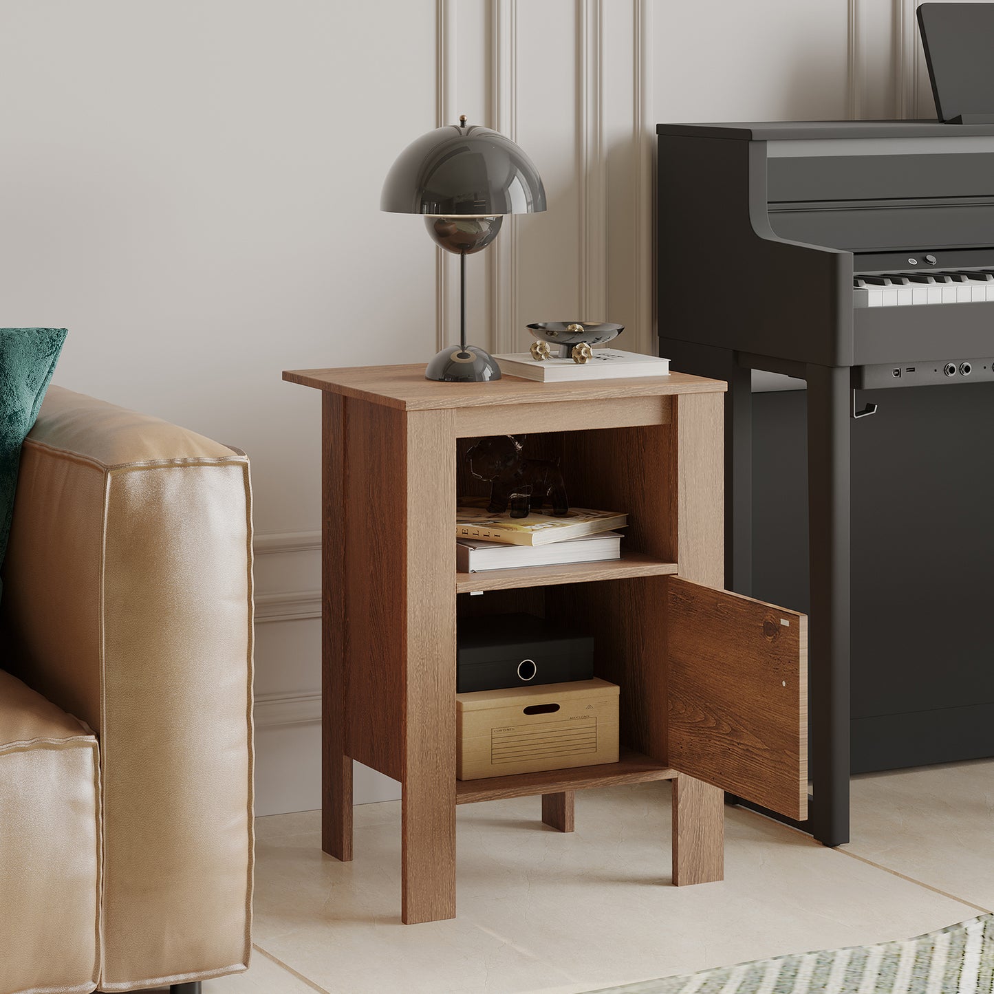 Compact Floor Farmhouse Nightstand with Open Shelf and Cabinet-Rustic Brown Kids Crystal