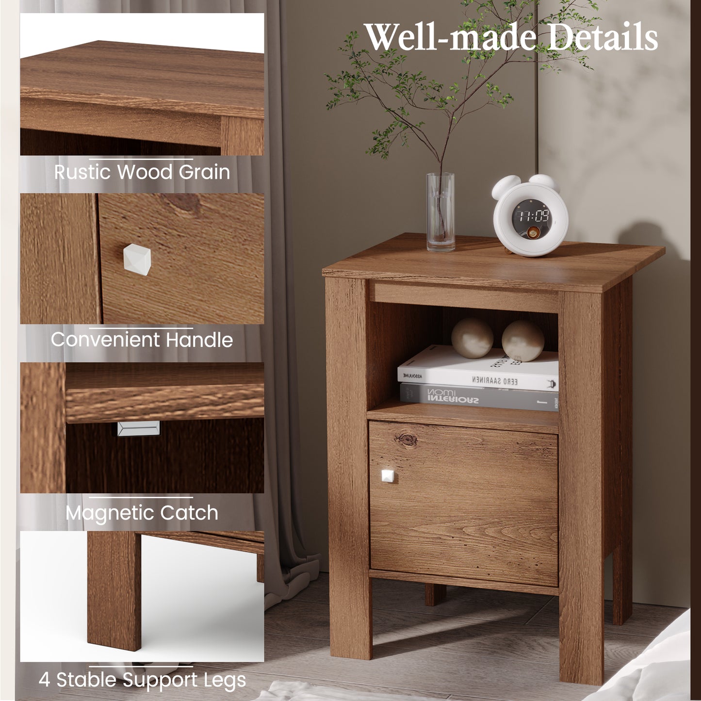 Compact Floor Farmhouse Nightstand with Open Shelf and Cabinet-Rustic Brown Kids Crystal