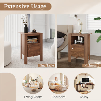 Compact Floor Farmhouse Nightstand with Open Shelf and Cabinet-Rustic Brown