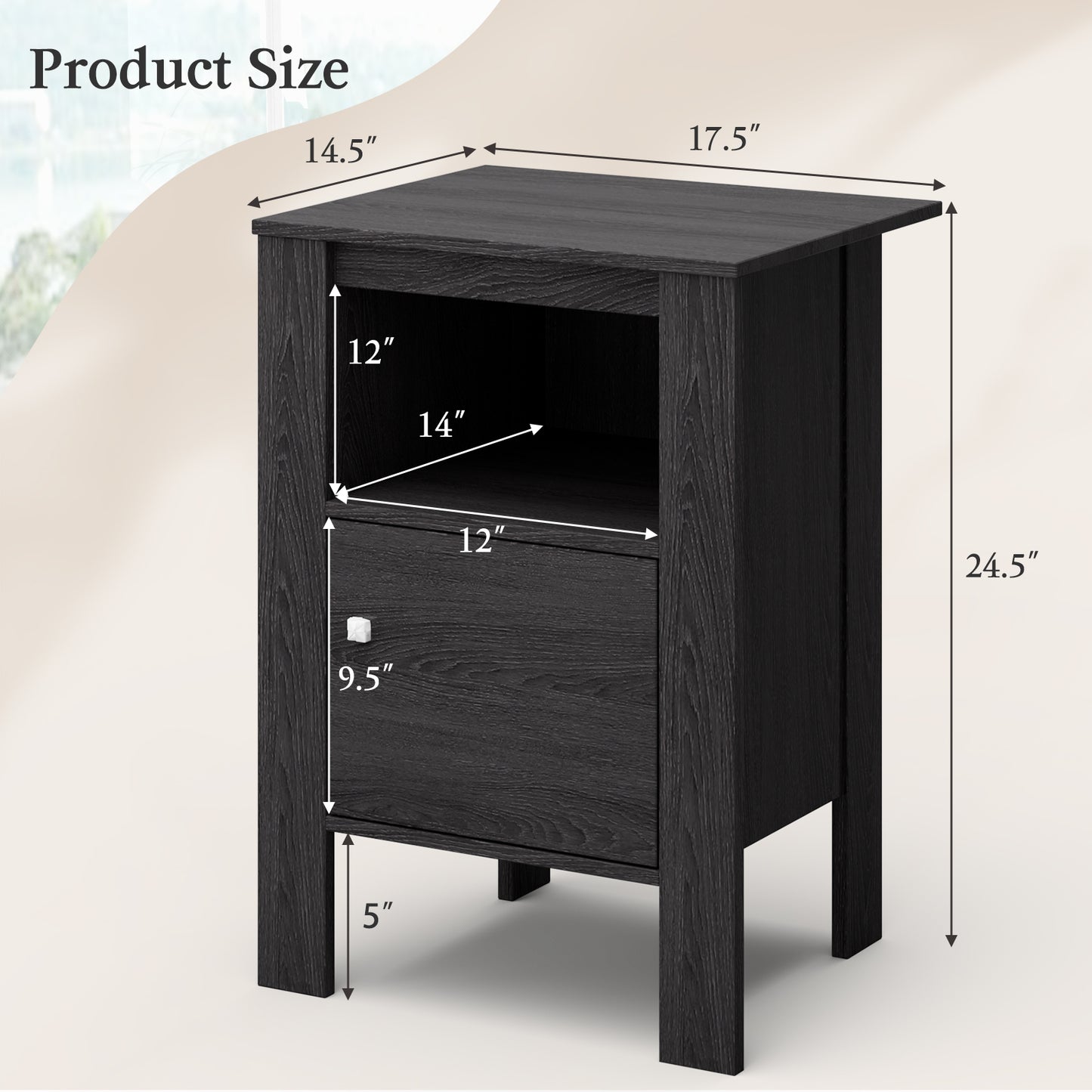 Compact Floor Farmhouse Nightstand with Open Shelf and Cabinet-Dark Gray Kids Crystal