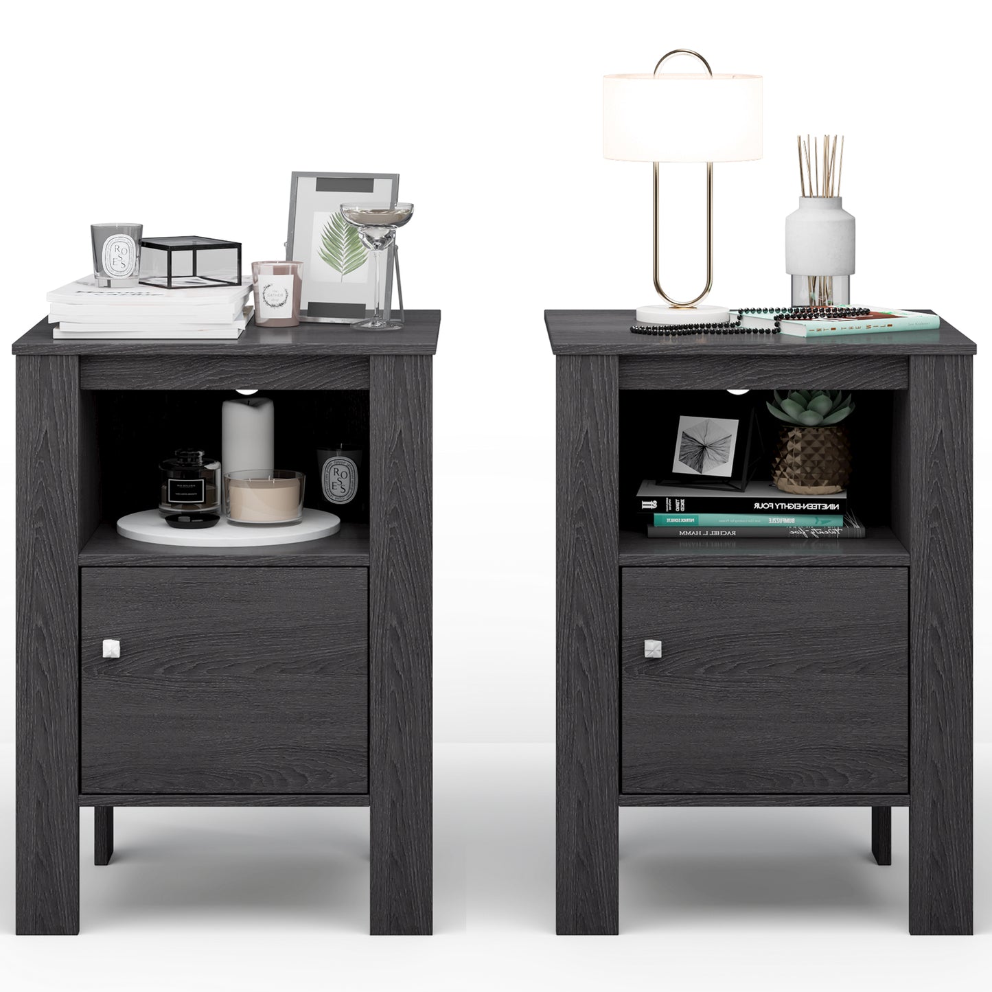 Compact Floor Farmhouse Nightstand with Open Shelf and Cabinet-Dark Gray Kids Crystal