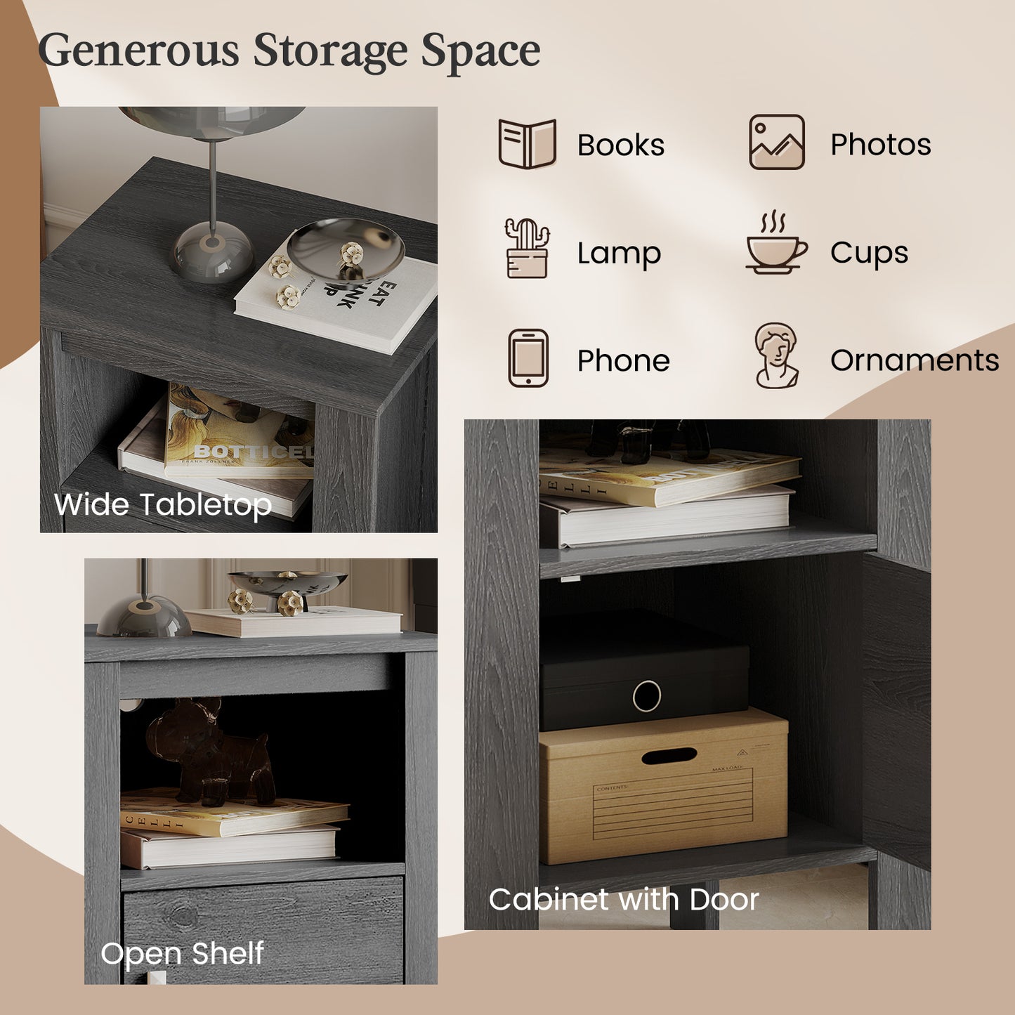 Compact Floor Farmhouse Nightstand with Open Shelf and Cabinet-Dark Gray Kids Crystal