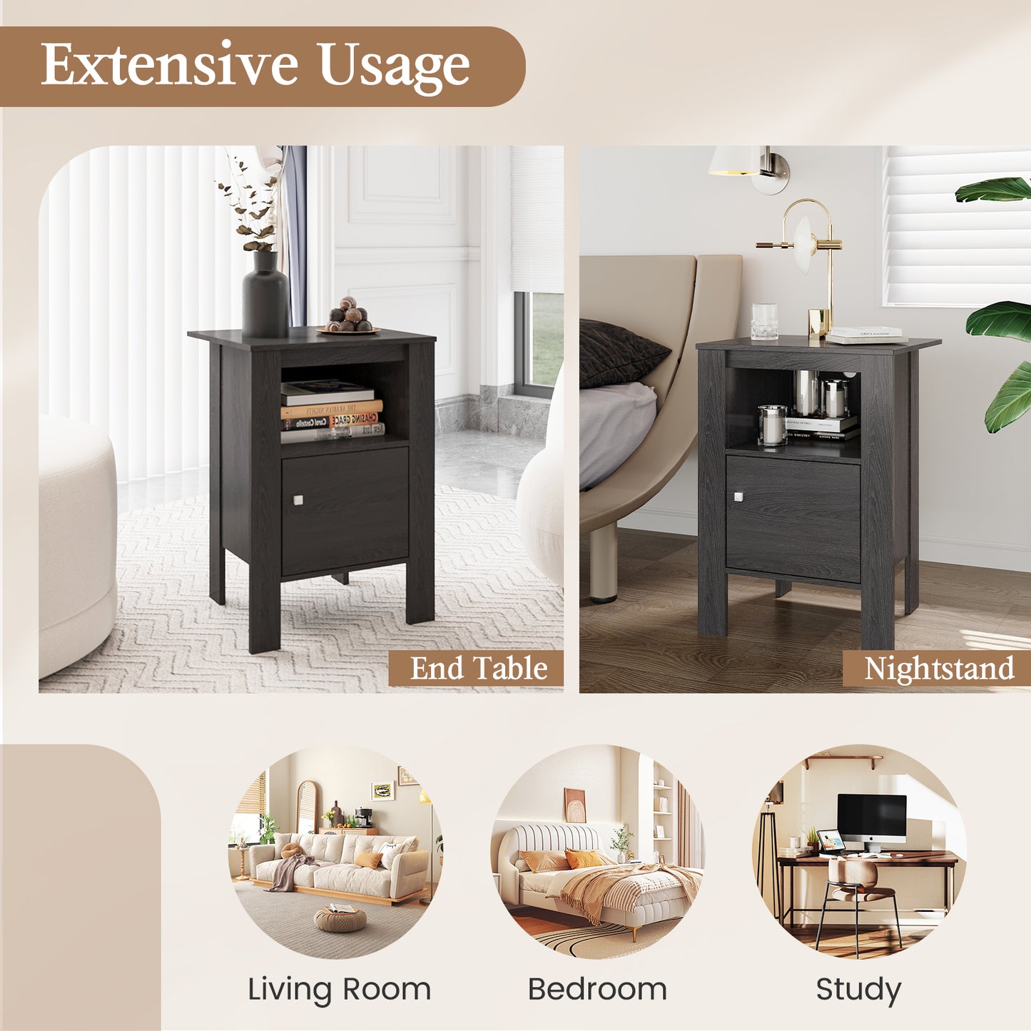 Compact Floor Farmhouse Nightstand with Open Shelf and Cabinet-Dark Gray Kids Crystal