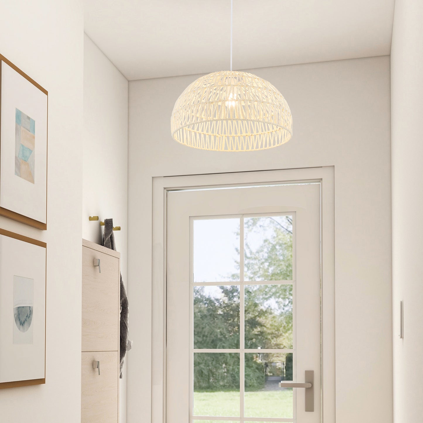 Farmhouse Rattan Pendant Lights with Adjustable Hanging Rope-Beige Kids Crystal