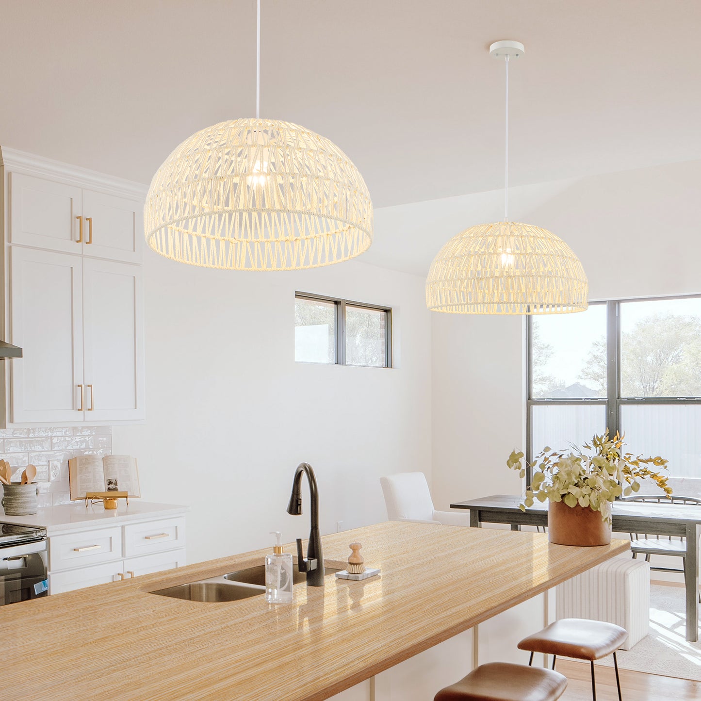 Farmhouse Rattan Pendant Lights with Adjustable Hanging Rope-Beige Kids Crystal