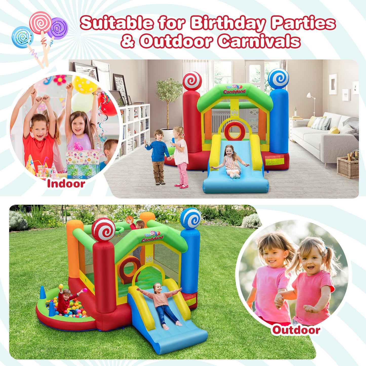 Candy Land Theme Kids Inflatable Bounce House with 735W Air Blower Kids Crystal