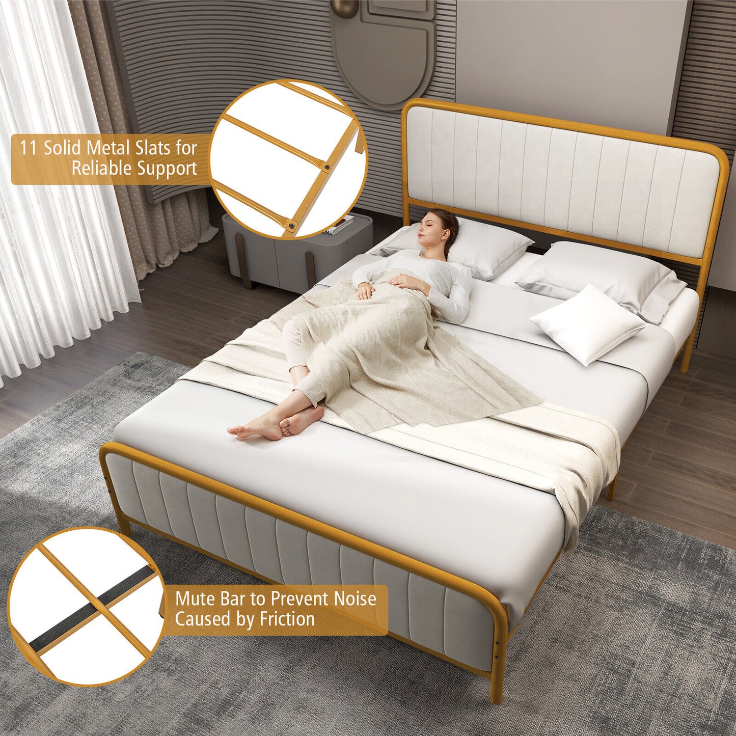 Upholstered Gold Platform Bed Frame with Velvet Headboard-Queen Size Kids Crystal