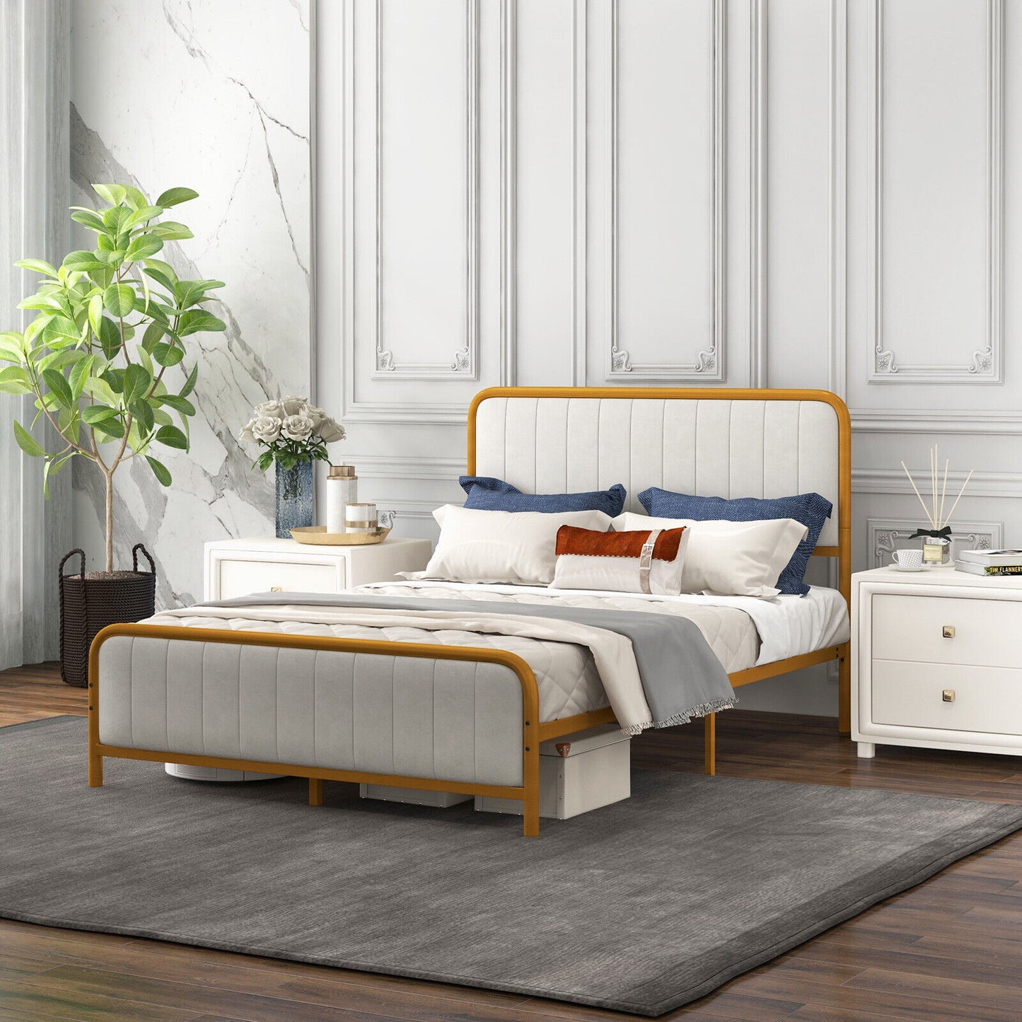 Upholstered Gold Platform Bed Frame with Velvet Headboard-Full Size Kids Crystal