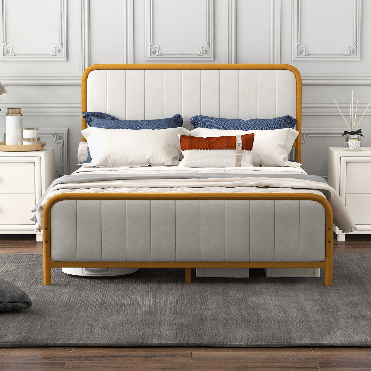 Upholstered Gold Platform Bed Frame with Velvet Headboard-Full Size Kids Crystal