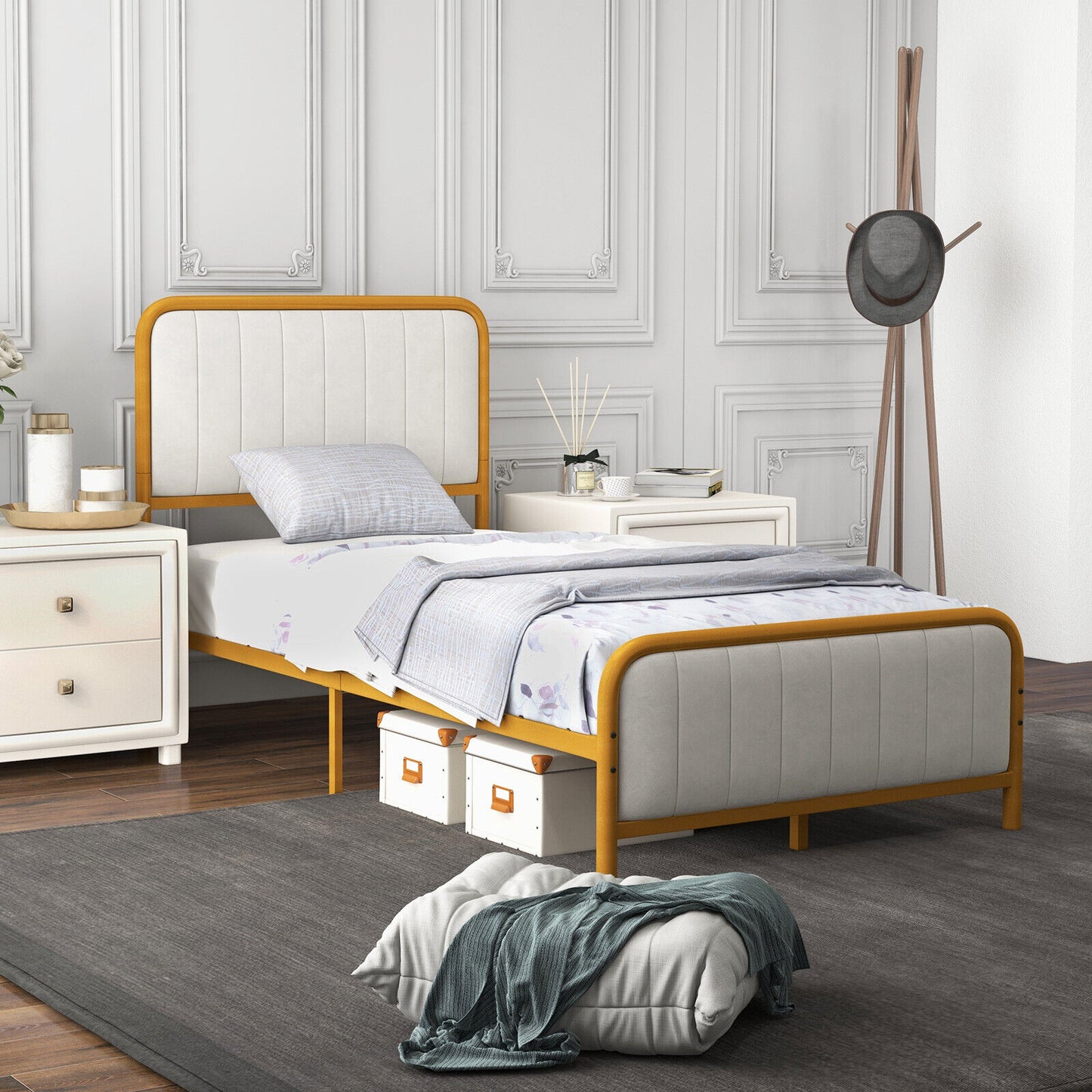 Upholstered Gold Platform Bed Frame with Velvet Headboard-Twin Size Kids Crystal