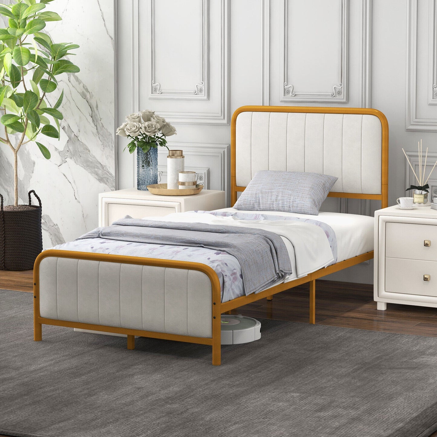 Upholstered Gold Platform Bed Frame with Velvet Headboard-Twin Size Kids Crystal