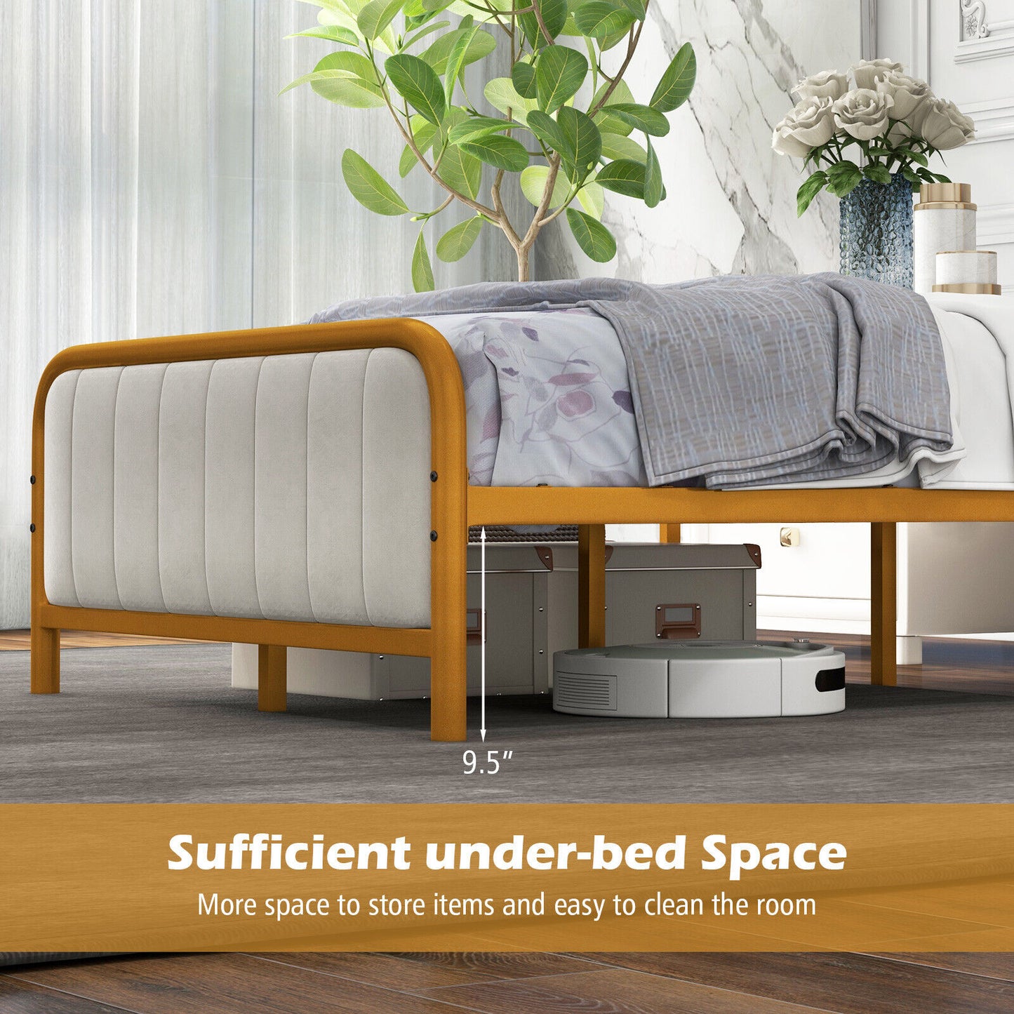 Upholstered Gold Platform Bed Frame with Velvet Headboard-Twin Size Kids Crystal