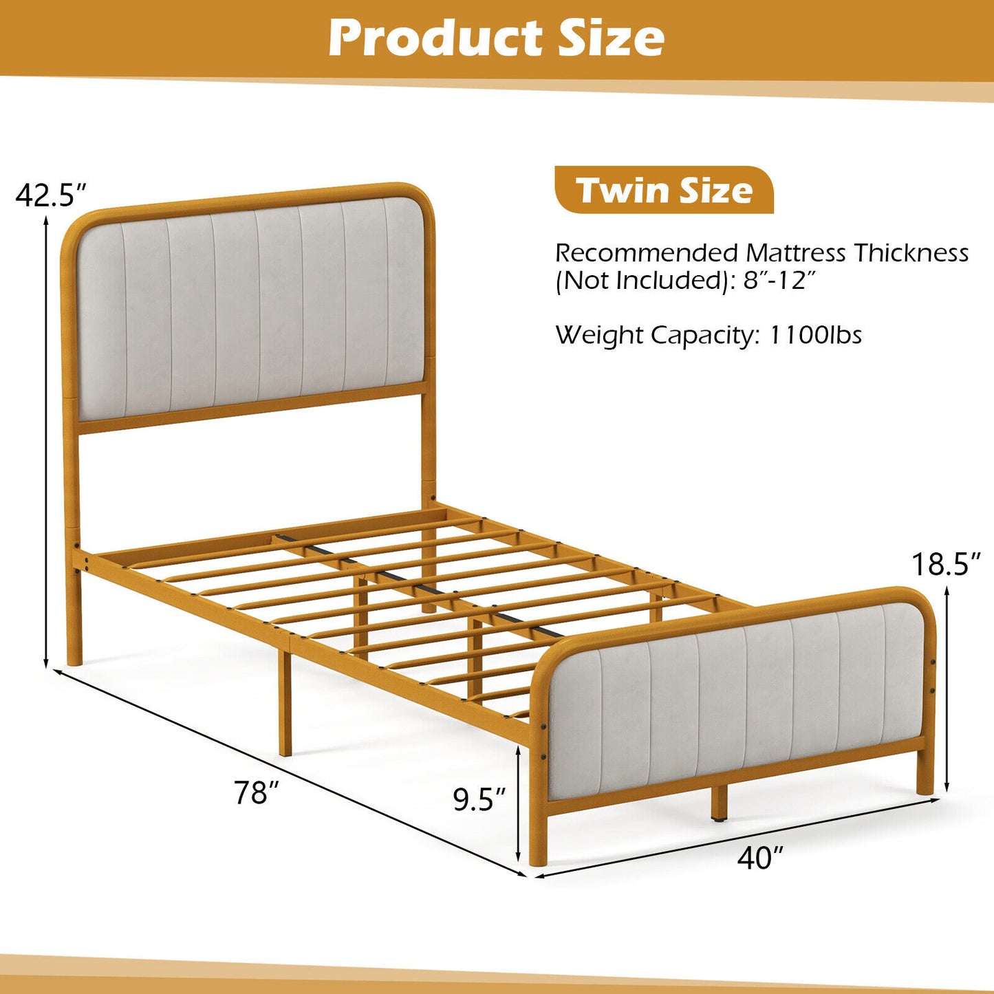 Upholstered Gold Platform Bed Frame with Velvet Headboard-Twin Size Kids Crystal