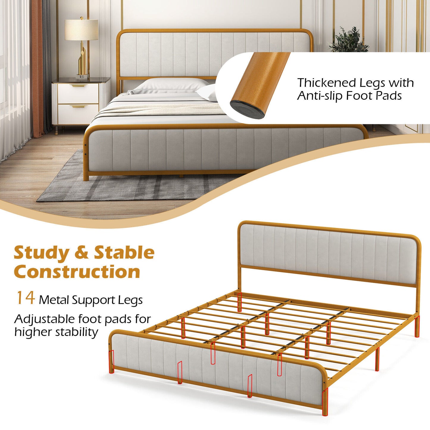 Upholstered Gold Platform Bed Frame with Velvet Headboard-King Size Kids Crystal