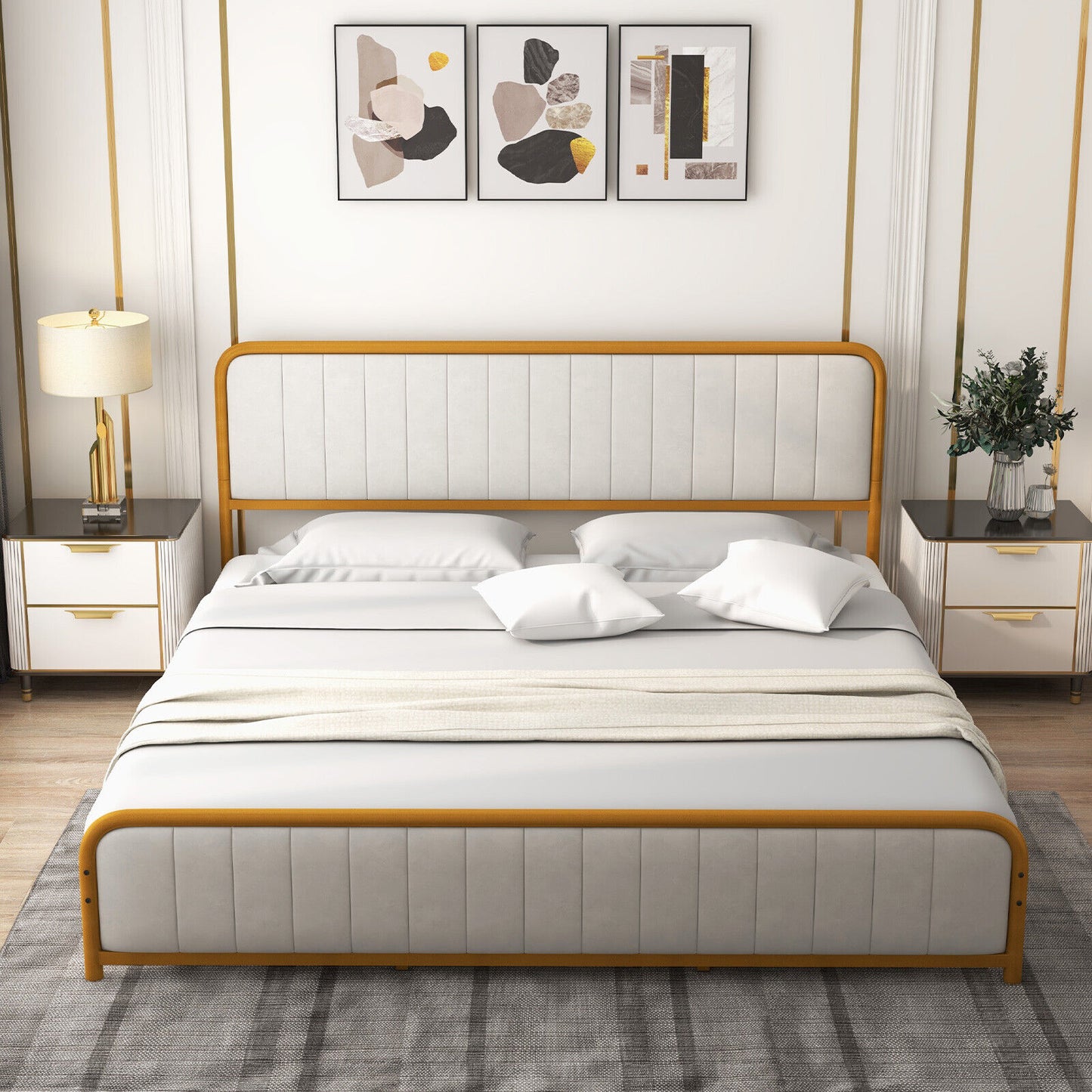 Upholstered Gold Platform Bed Frame with Velvet Headboard-King Size Kids Crystal