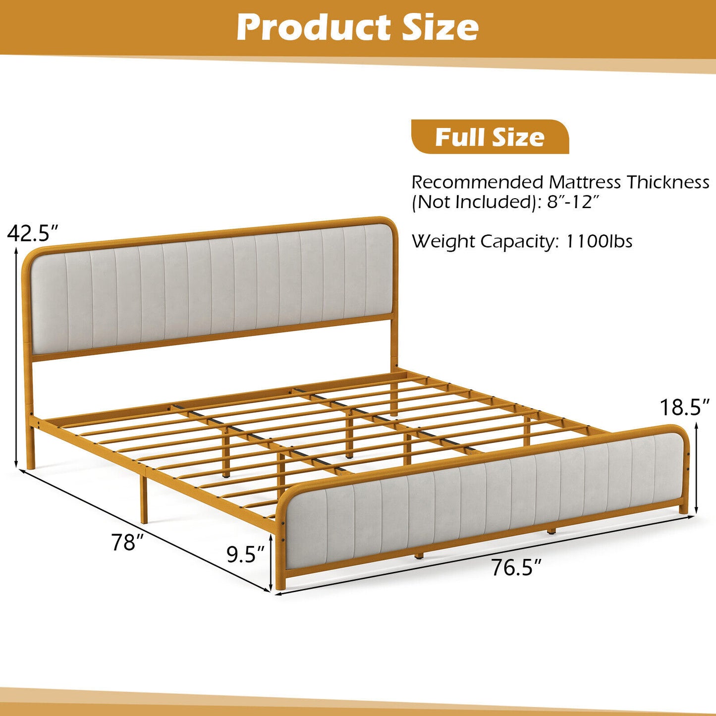 Upholstered Gold Platform Bed Frame with Velvet Headboard-King Size Kids Crystal