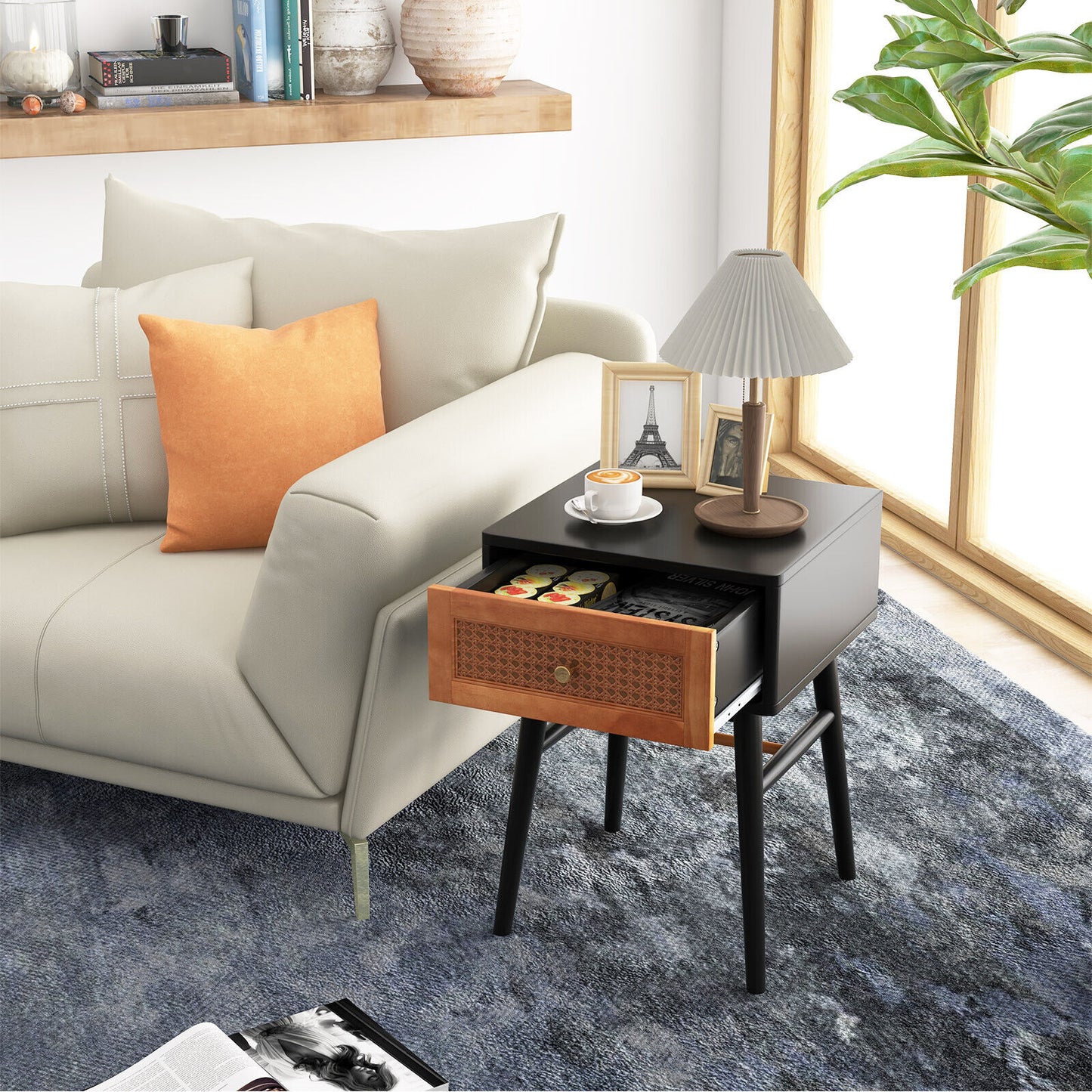 1-Drawer Modern Bedside Table with Solid Wood Legs-Black Kids Crystal