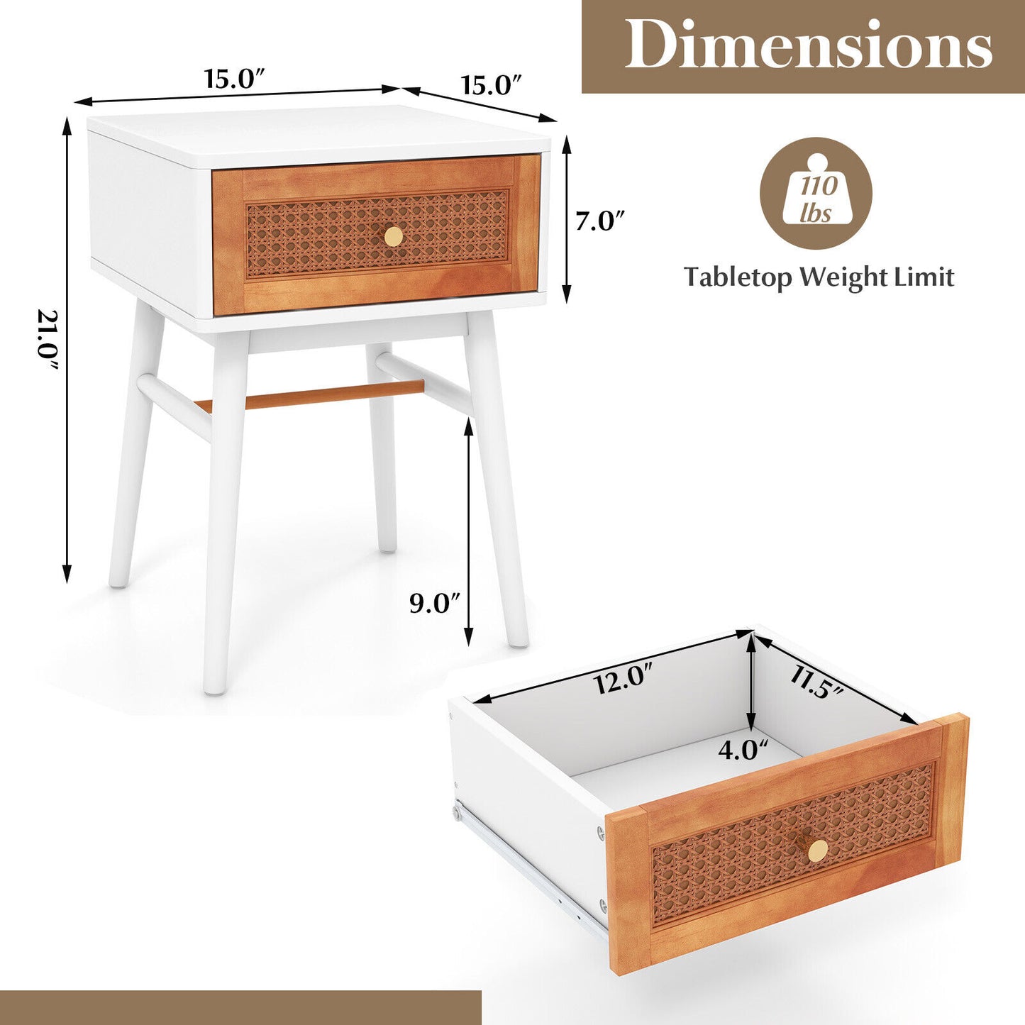 1-Drawer Modern Bedside Table with Solid Wood Legs-White Kids Crystal