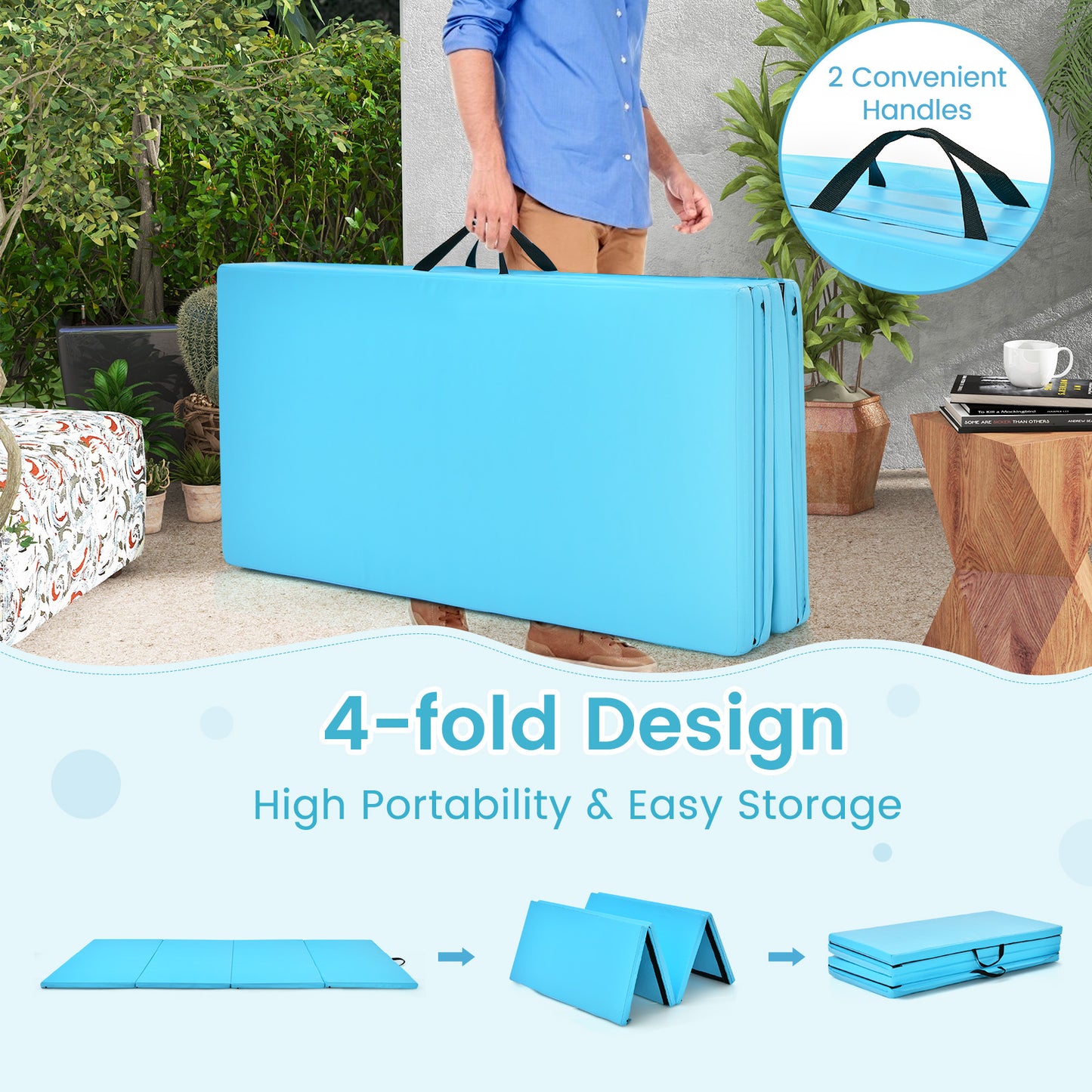 4-Panel Folding Gymnastics Mat with Carrying Handles for Home Gym-Blue Kids Crystal
