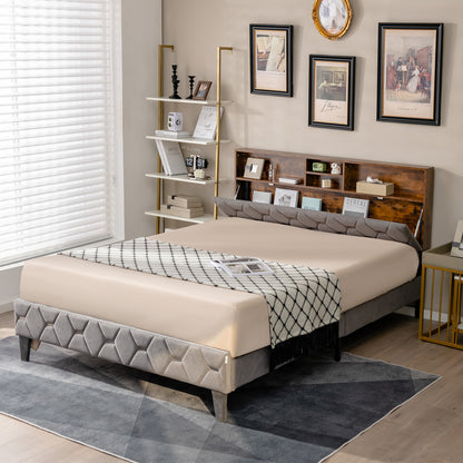 Full/Queen Size Upholstered Bed Frame with Storage Headboard-Full Size