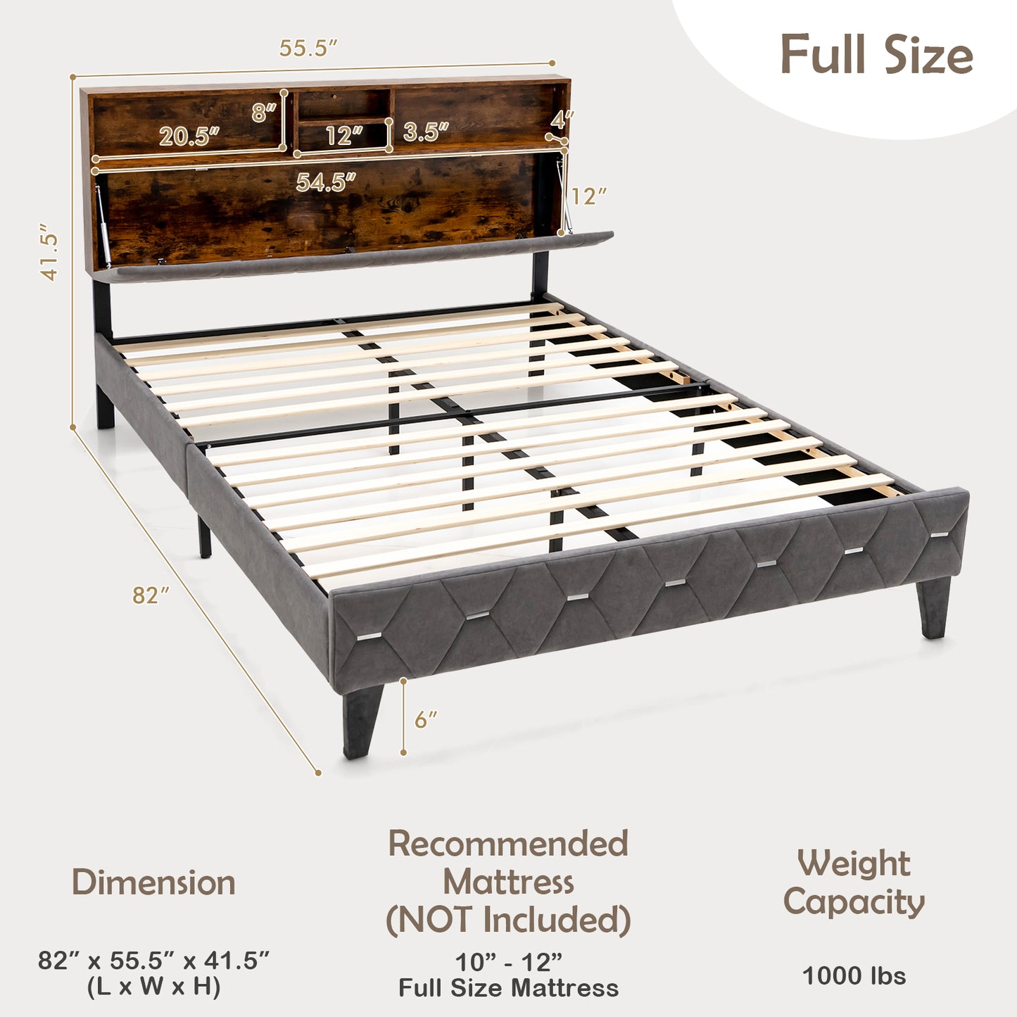 Full/Queen Size Upholstered Bed Frame with Storage Headboard-Full Size Kids Crystal