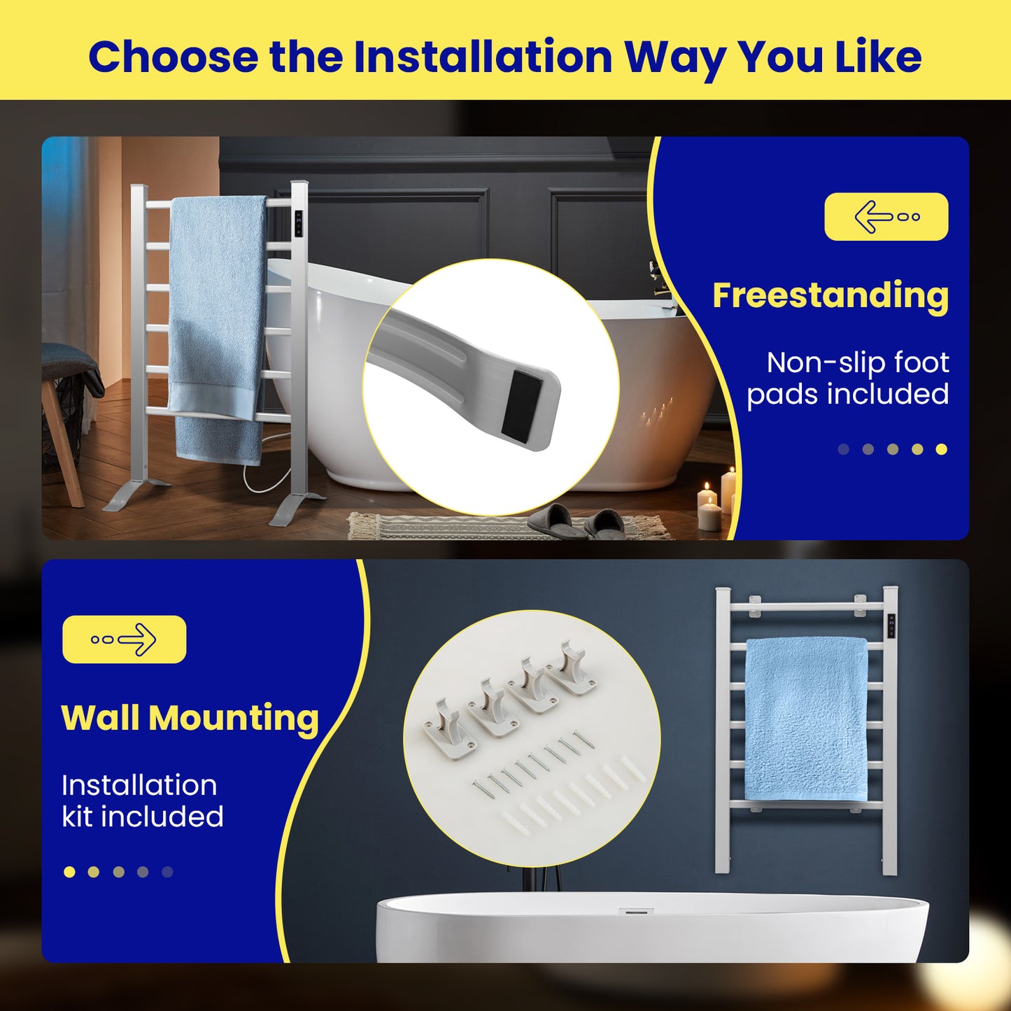 Freestanding and Wall-mounted 6 Bars Towel Warmer with Timer and LED Display Kids Crystal