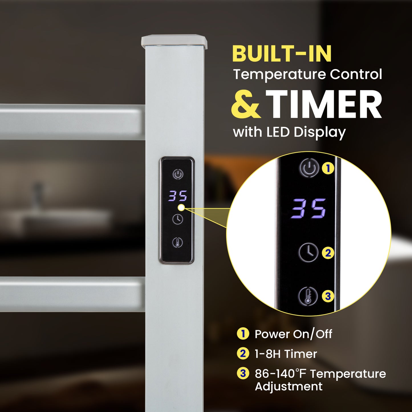 Freestanding and Wall-mounted 6 Bars Towel Warmer with Timer and LED Display Kids Crystal