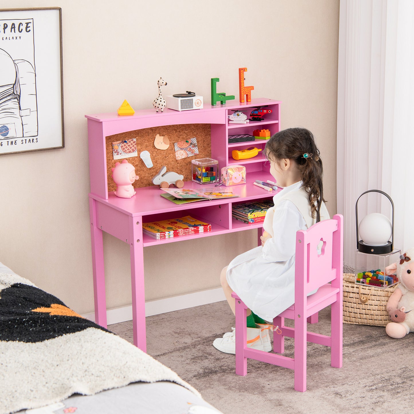 Kids Desk and Chair Set with Hutch and Bulletin Board for 3+ Kids-Pink Kids Crystal